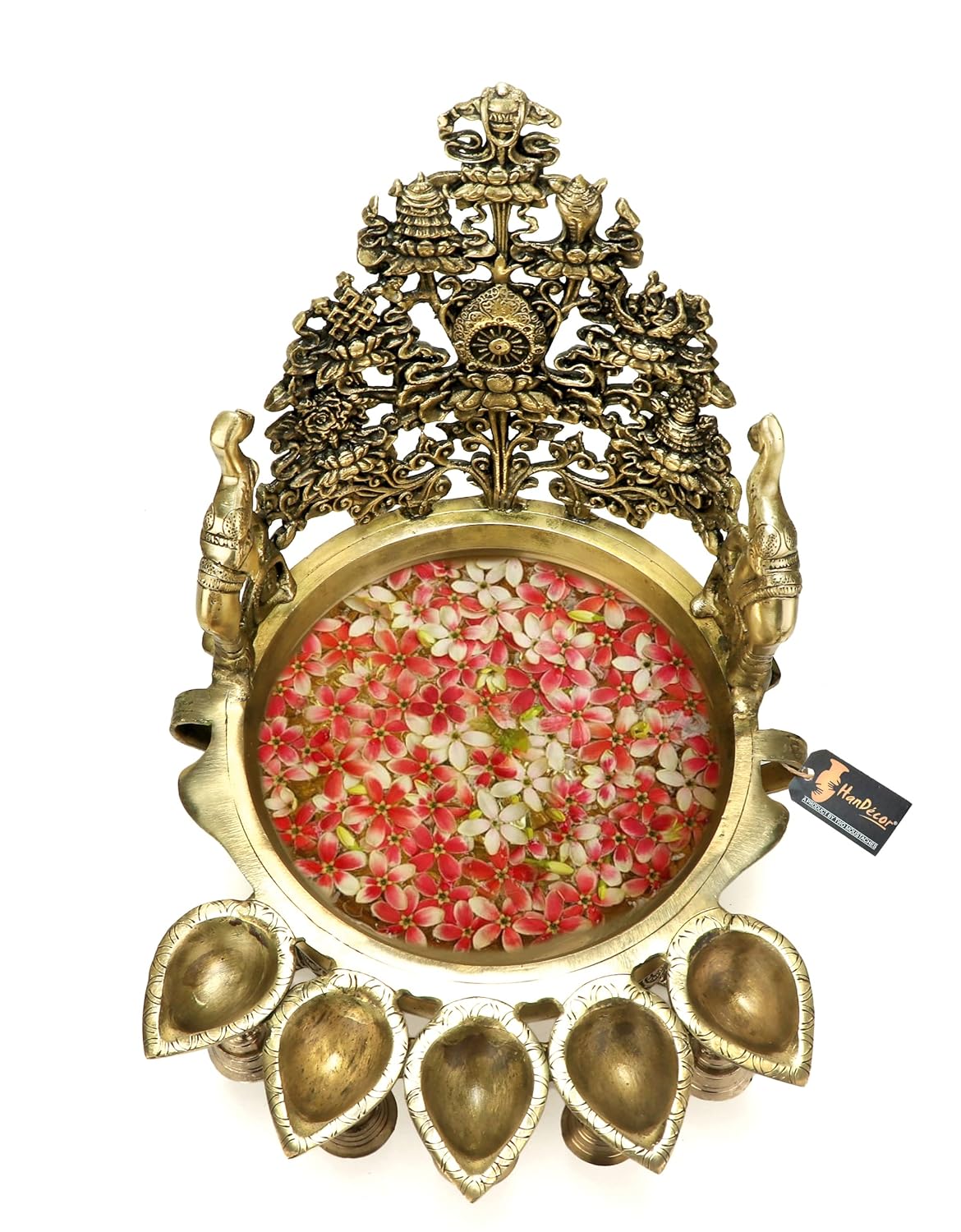 Ethnic Indian Elephant Design Brass Urli with Diya and Bells