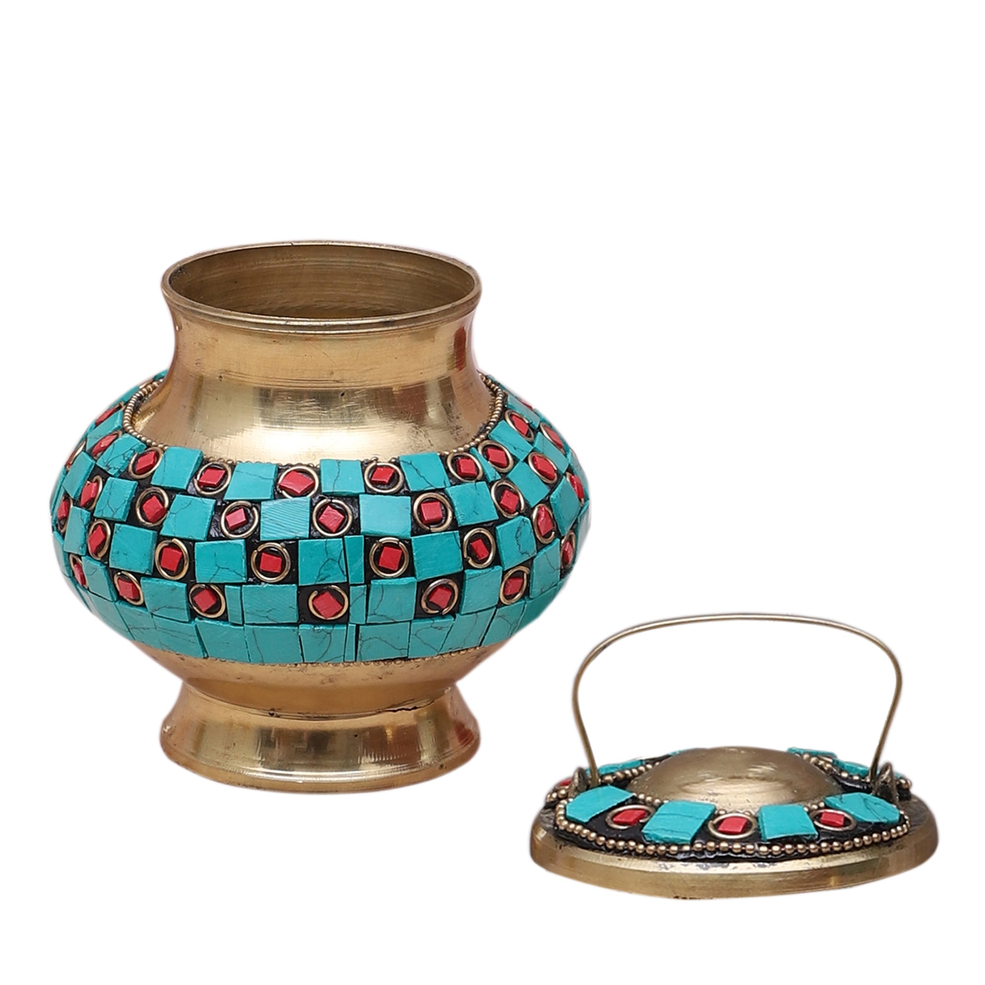 Brass Gemstone Work 4.5 Inches Holy Water Pot, Brass kamandal for Gangajal