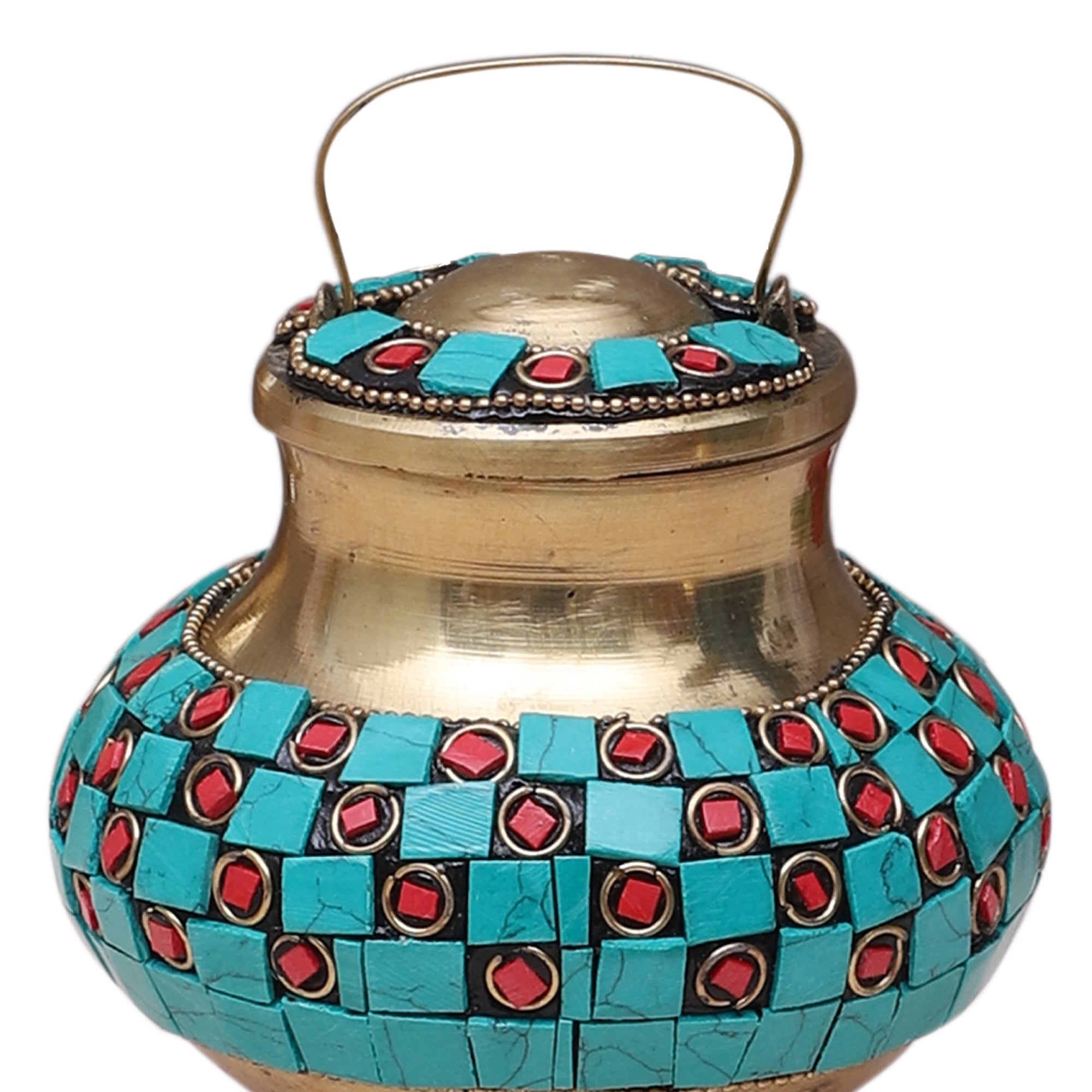 Brass Gemstone Work 4.5 Inches Holy Water Pot, Brass kamandal for Gangajal