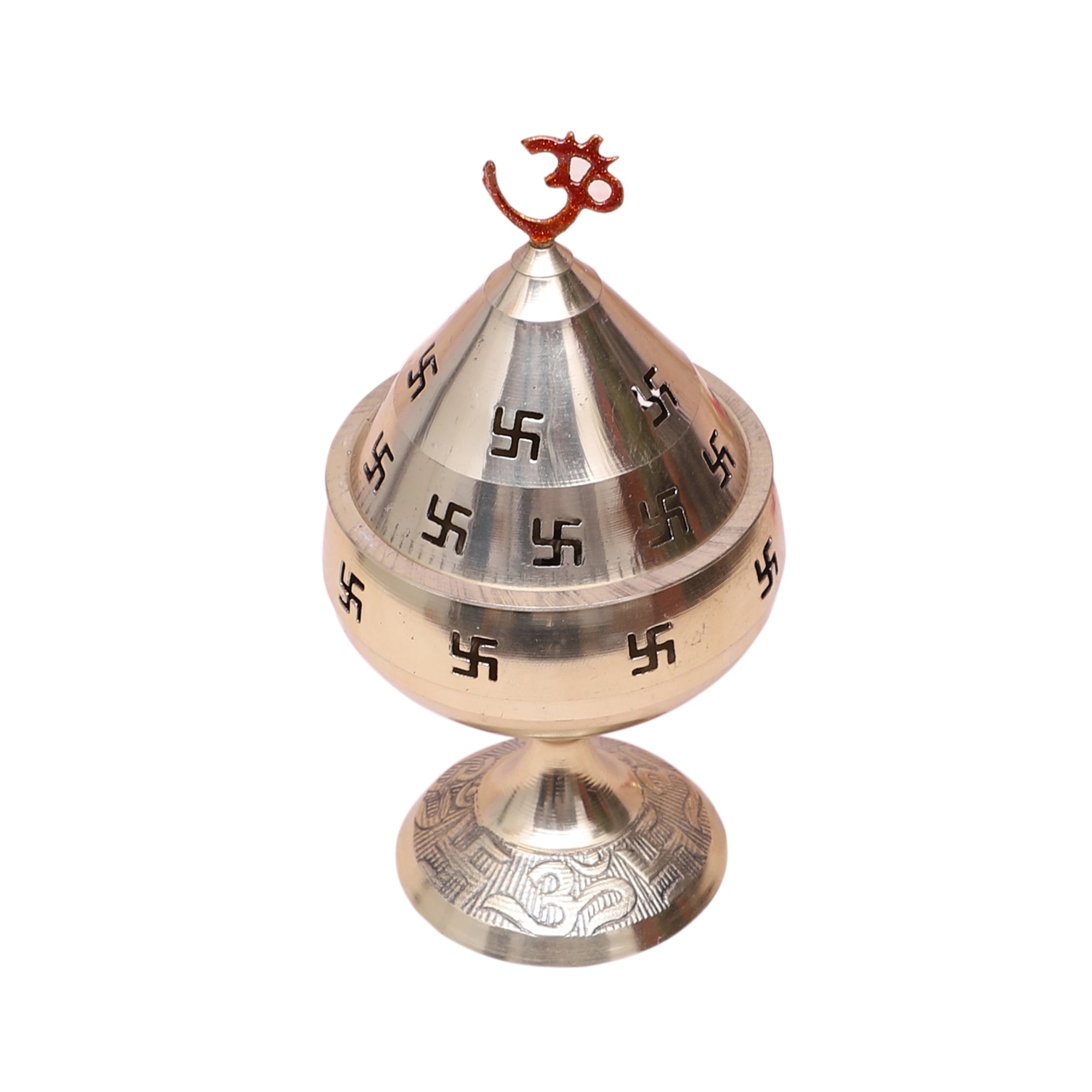 Brass 5.5 Inches Om Over Swastika Design Akhand Diya , Akhand Jyoti Diya