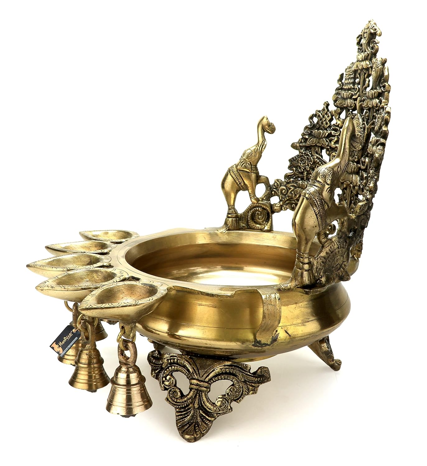 Ethnic Indian Elephant Design Brass Urli with Diya and Bells