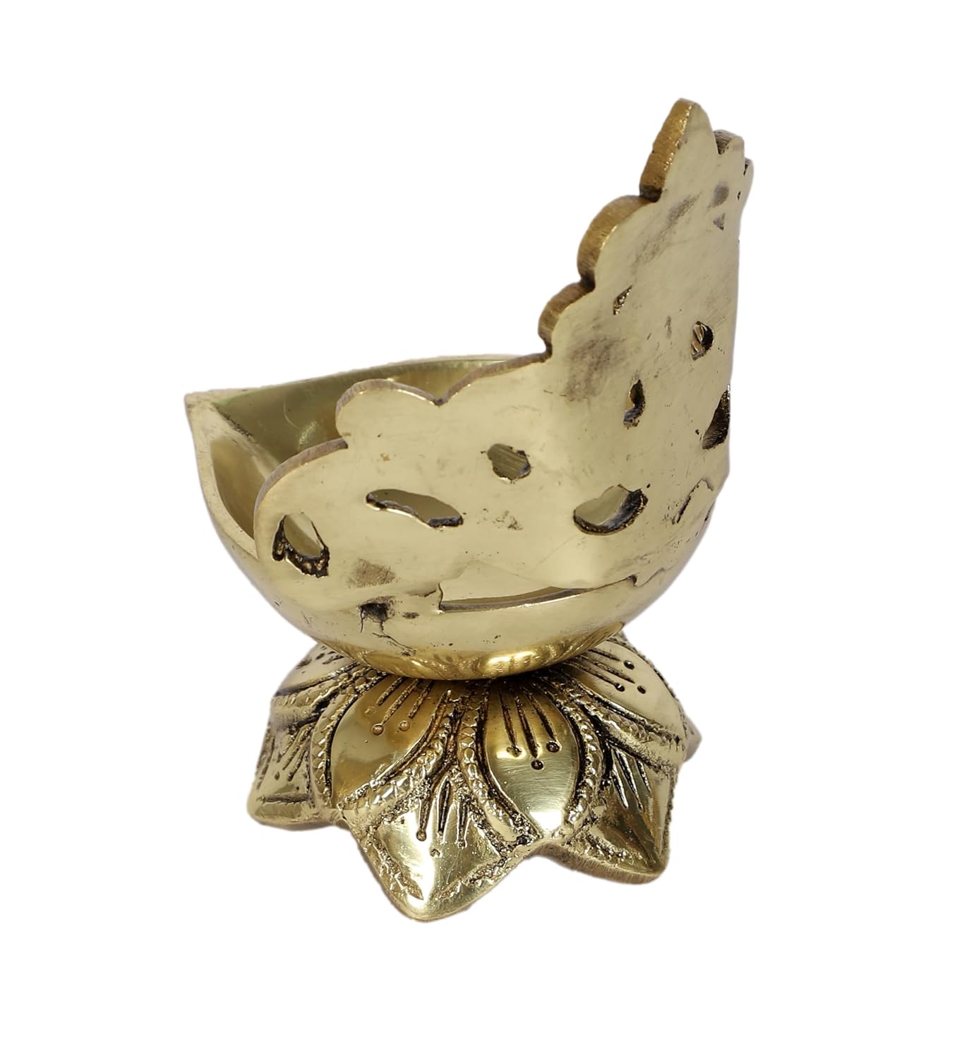 Ethnic Carved Floral Design 5 Inches Brass Diya, Brass Diyas for Home Temple