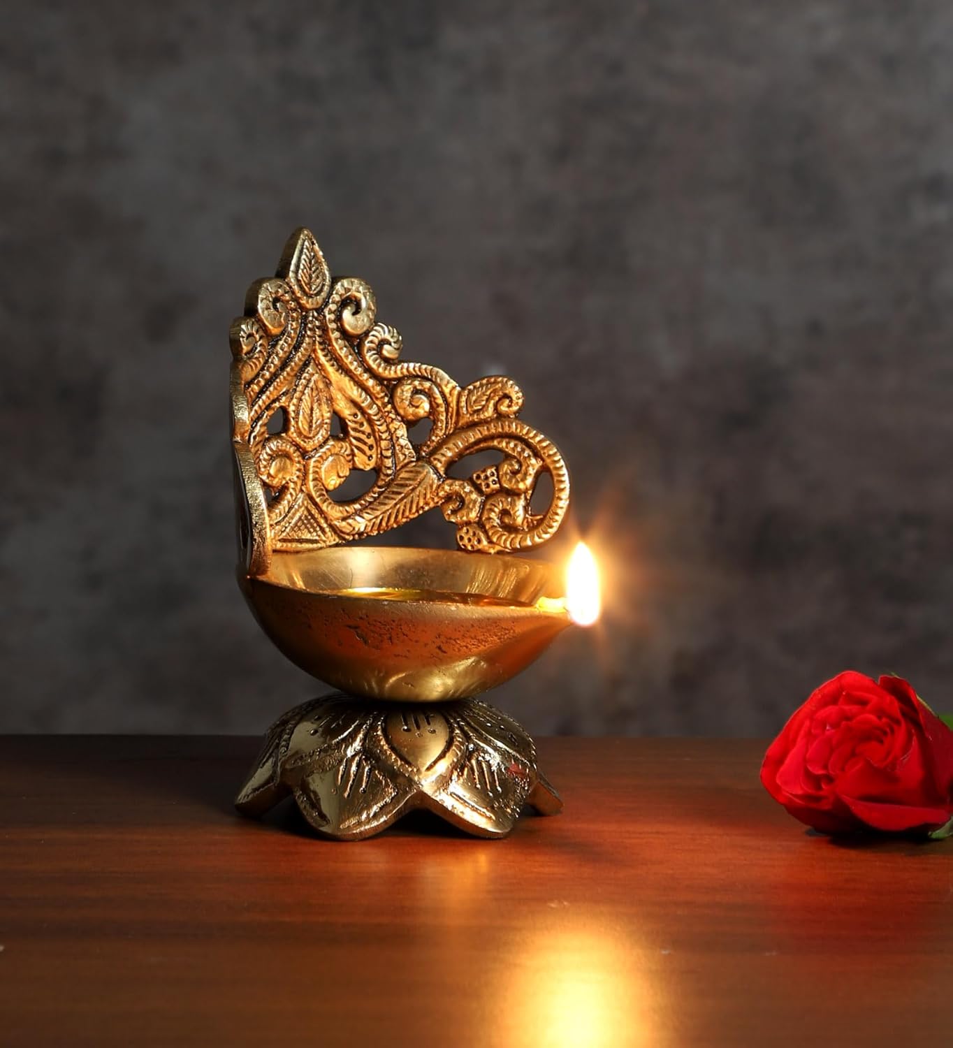 Ethnic Carved Floral Design 5 Inches Brass Diya, Brass Diyas for Home Temple