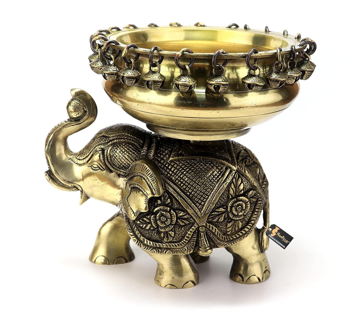 Brass 6 Inches Ethnic Design Urli Over Brass Elephant Showpiece, Urli for Home Decor