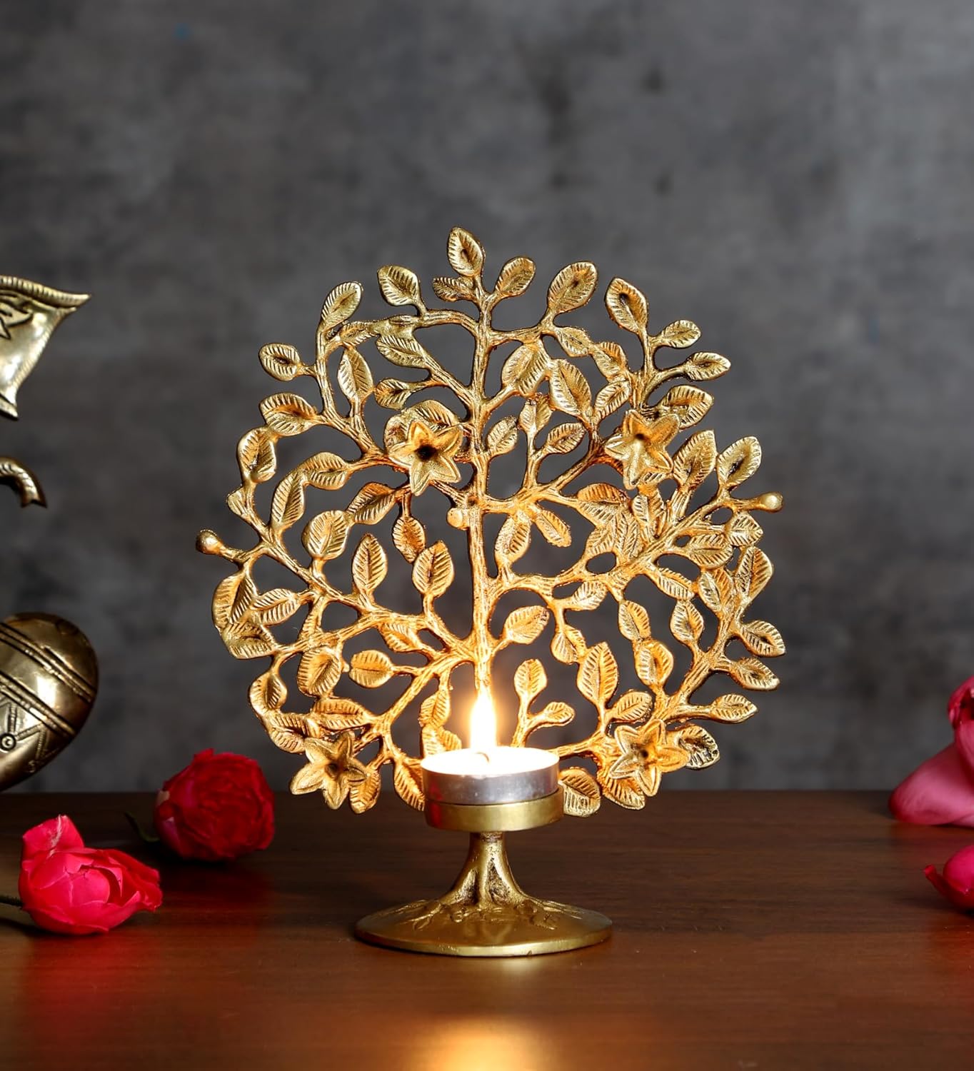 Brass 8 Inches Bodhi Tree Tea Light Holder, Brass Bodhi Tree Diya, Kalpvriksha Tree