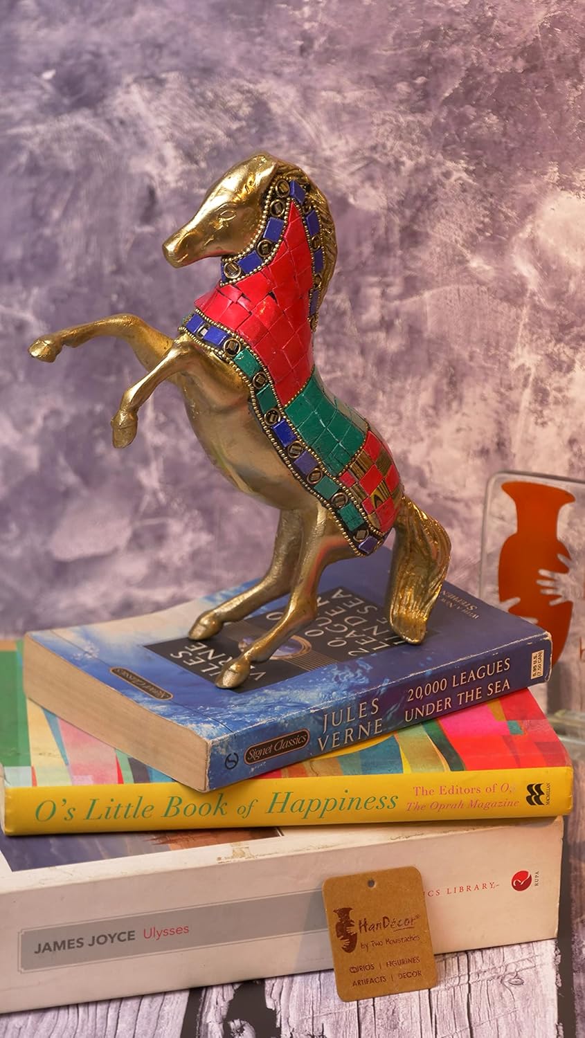 Gemstone Work 7.5 Inches Horse Uplifted Legs Brass Decorative Showpiece, Standard