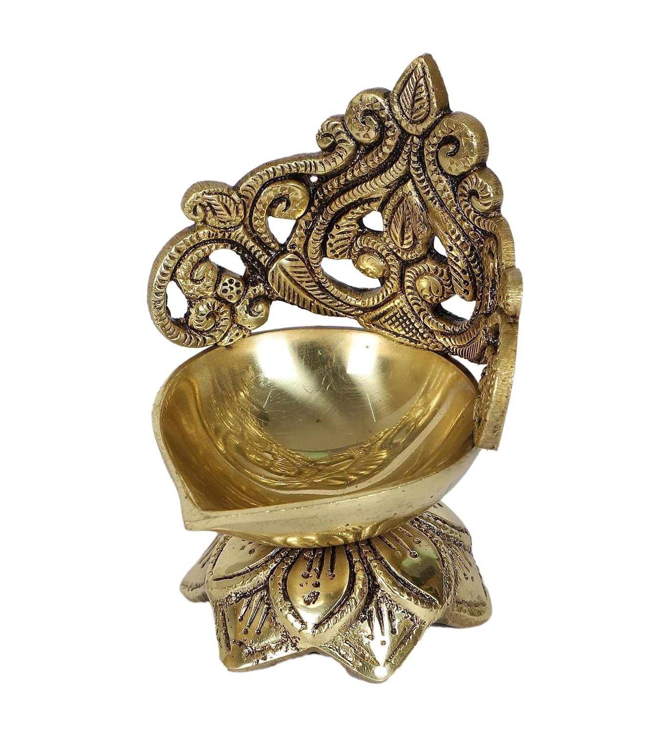 Ethnic Carved Floral Design 5 Inches Brass Diya, Brass Diyas for Home Temple