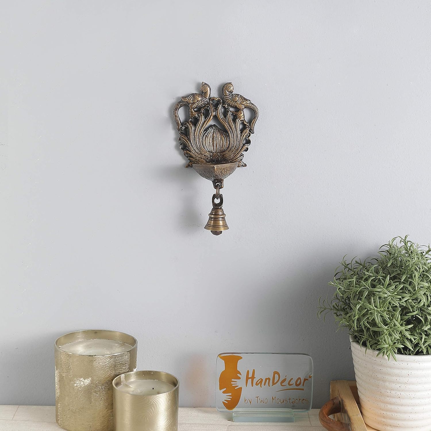 Ethnic Design Twin Peacock with Bell Brass Wall Hanging Diya, Brass Hanging Diya, Deepam, Diyas for Decoration, Pooja Diya, Diyas for Pooja Room