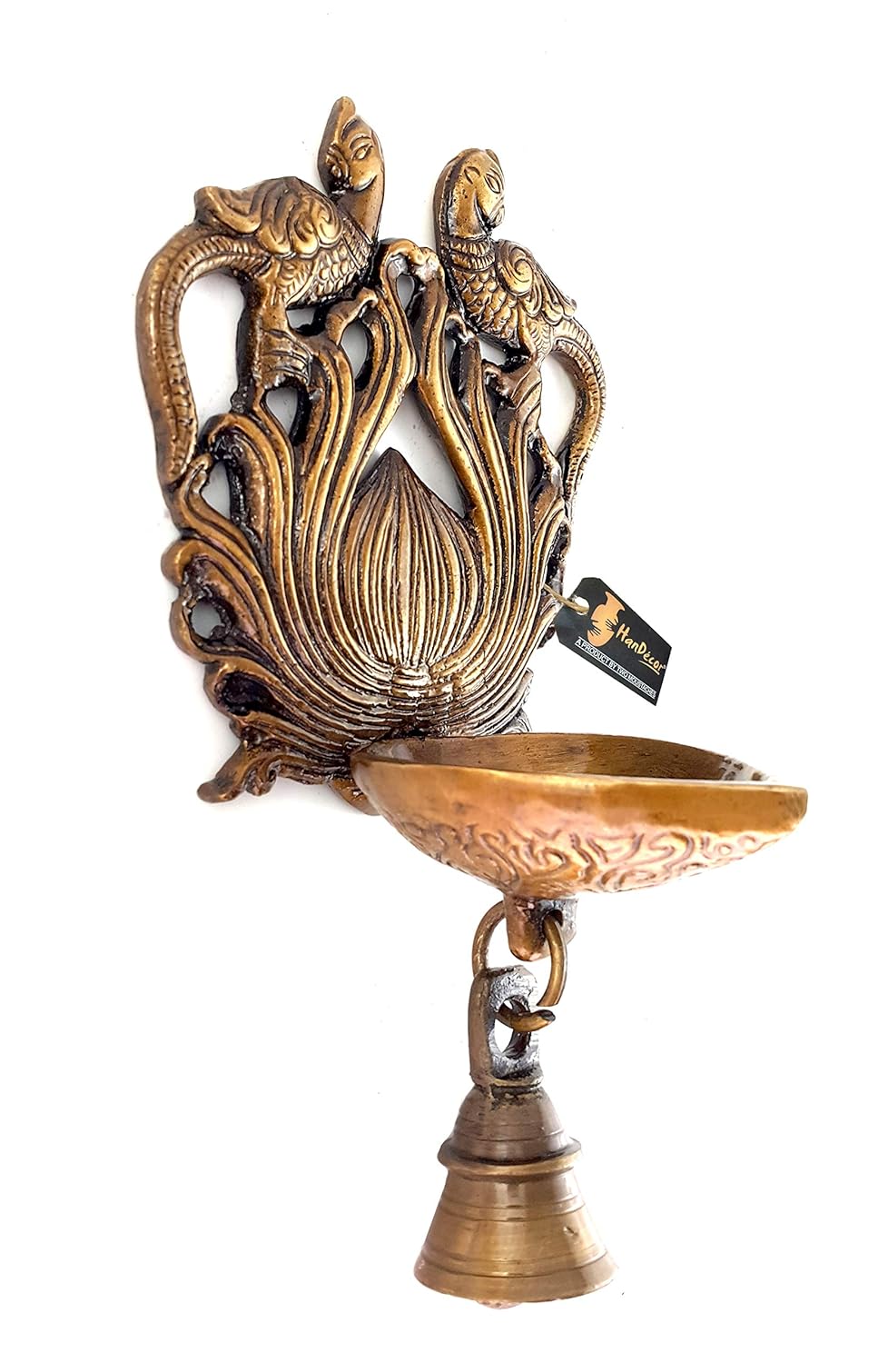 Ethnic Design Twin Peacock with Bell Brass Wall Hanging Diya, Brass Hanging Diya, Deepam, Diyas for Decoration, Pooja Diya, Diyas for Pooja Room