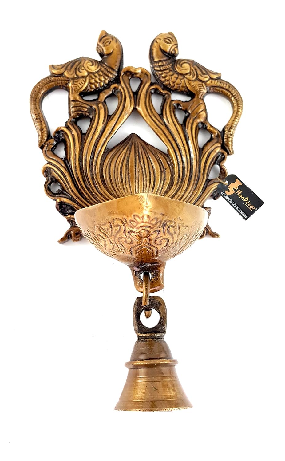 Ethnic Design Twin Peacock with Bell Brass Wall Hanging Diya, Brass Hanging Diya, Deepam, Diyas for Decoration, Pooja Diya, Diyas for Pooja Room