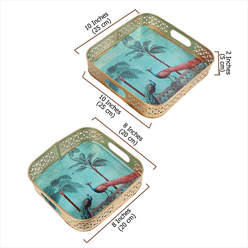 Square Shaped Peacocks Design Serving Trays Set (8 Inches & 10 Inches), Serving Plates for Home