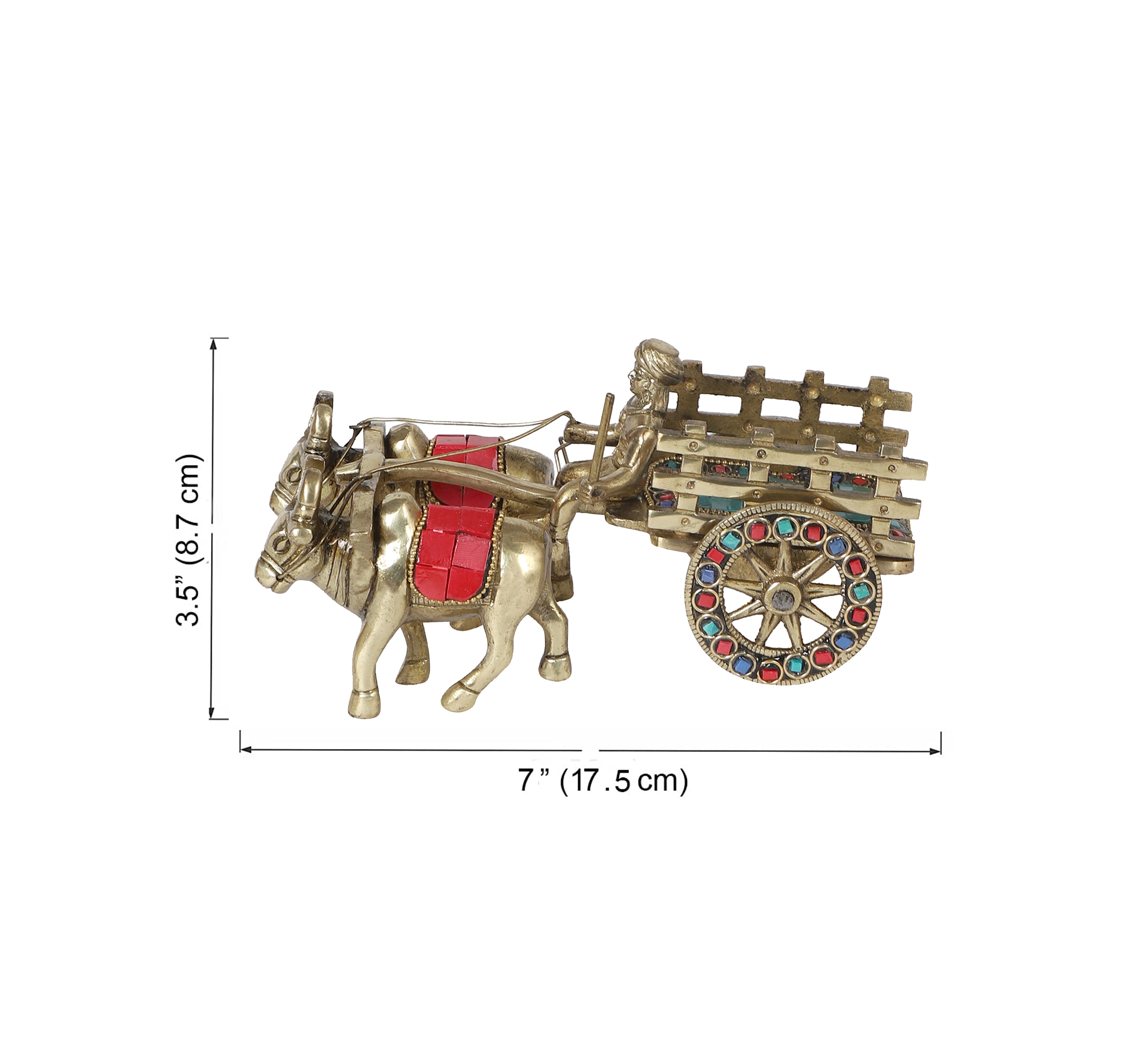 Gemstone Work 7.5 Inches Brass Bullock Cart Showpiece, Brass Home Decor