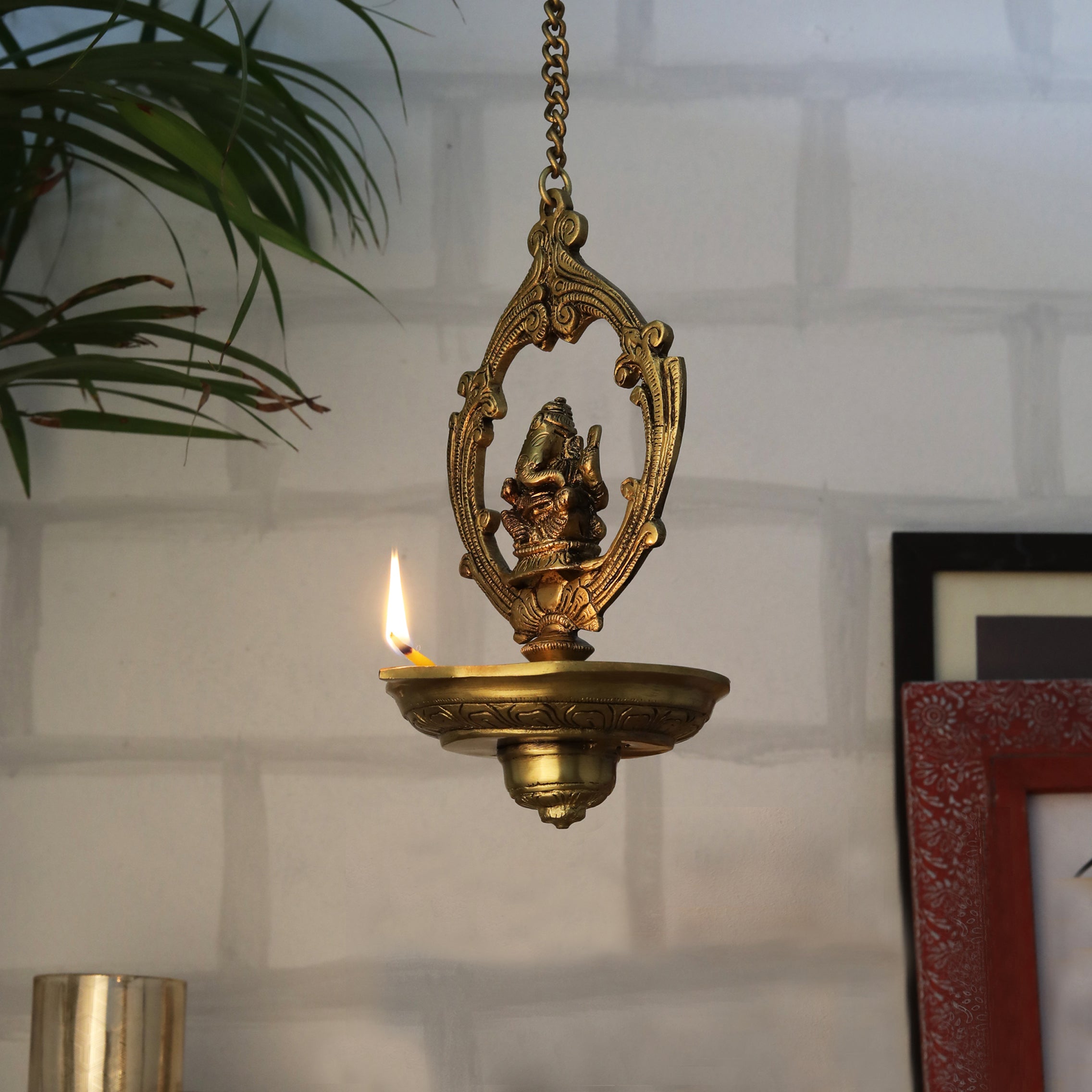 Brass Handmade Ganesha Design Oil Wick Hanging Diya, Diyas for Home Decor