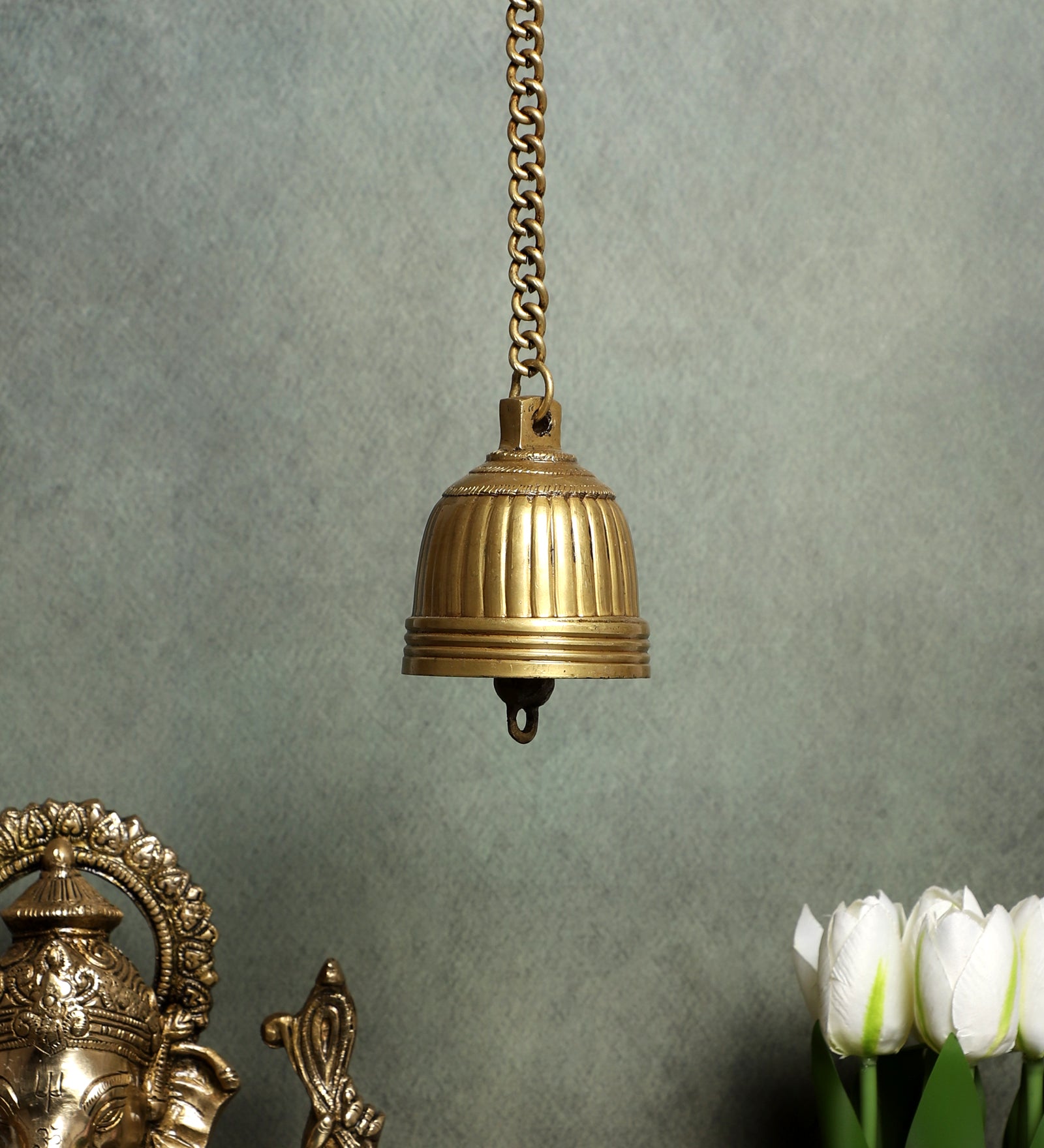 Stripes Design Brass Temple Hanging Bell, Brass Hanging Bell with Chain