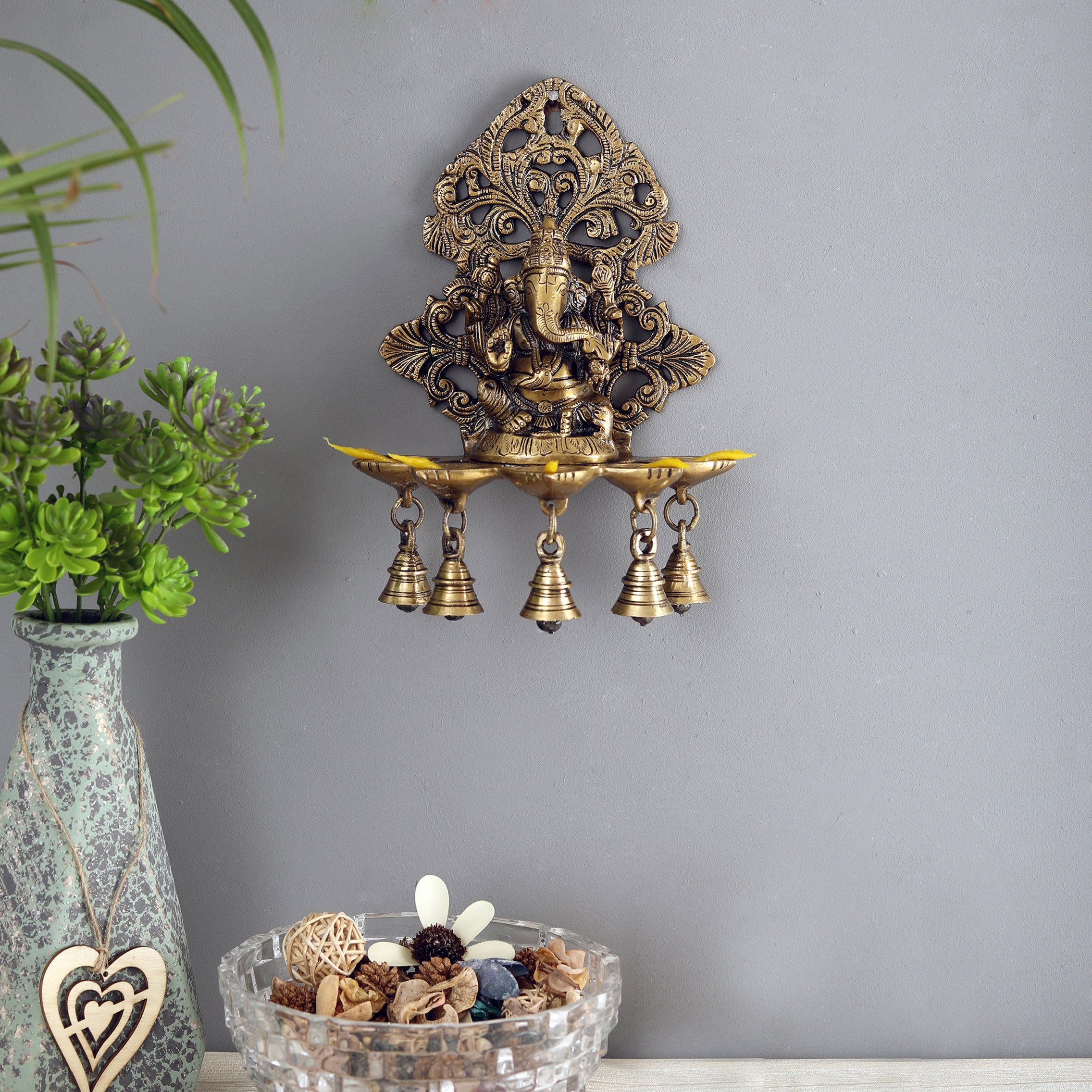 Brass Panchdeep Ganesha Hanging with Bells, Brass Hanging Diya