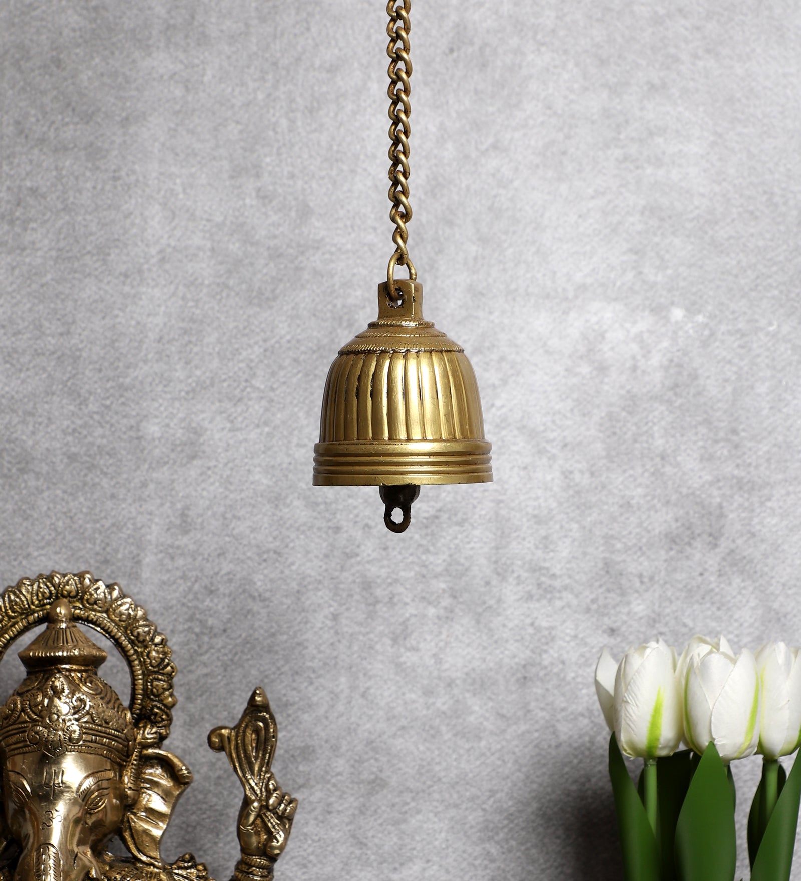 Stripes Design Brass Temple Hanging Bell, Brass Hanging Bell with Chain