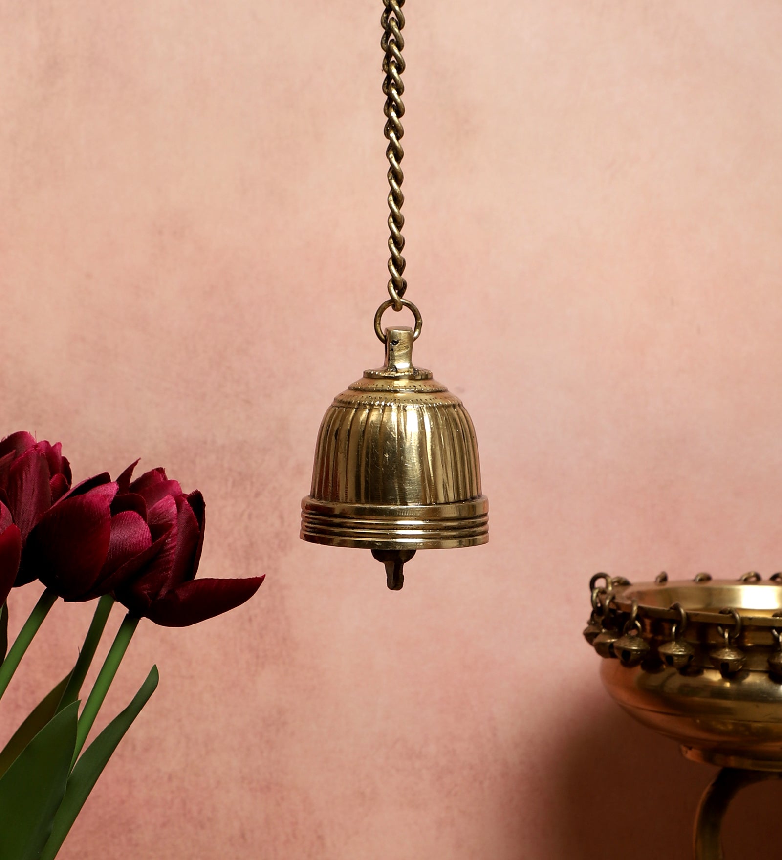 Stripes Design Brass Temple Hanging Bell, Brass Hanging Bell with Chain