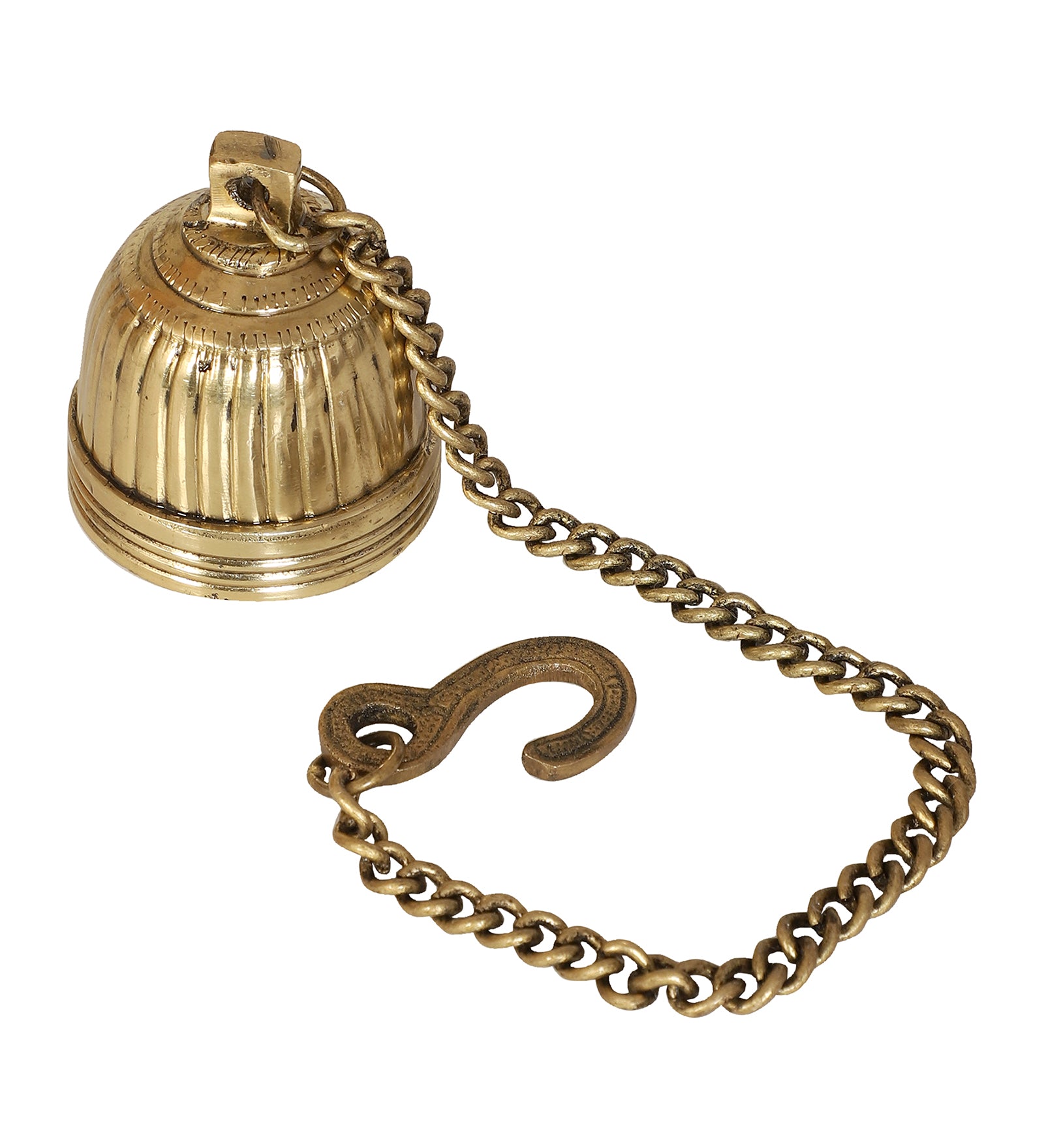 Stripes Design Brass Temple Hanging Bell, Brass Hanging Bell with Chain