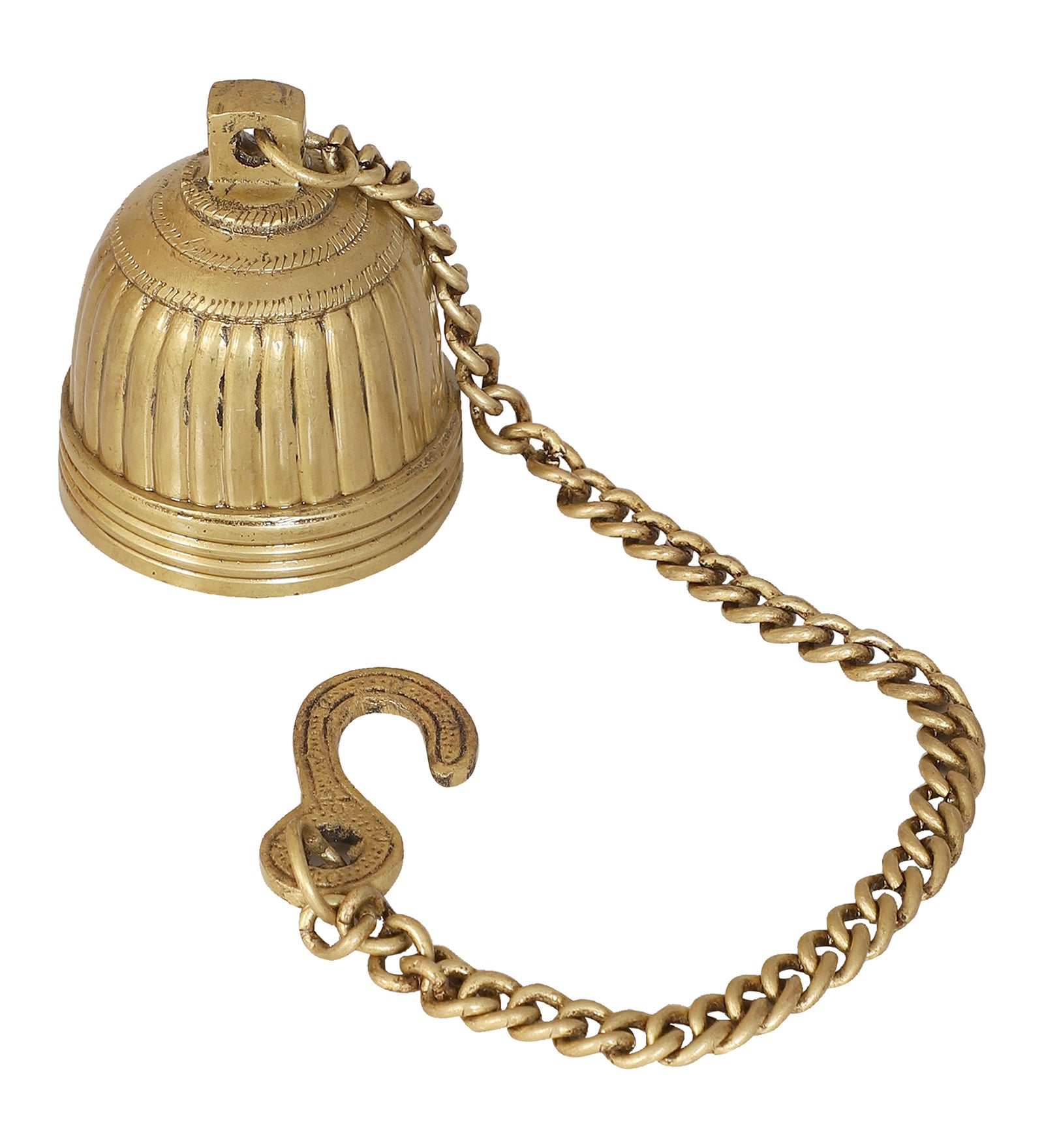 Stripes Design Brass Temple Hanging Bell, Brass Hanging Bell with Chain