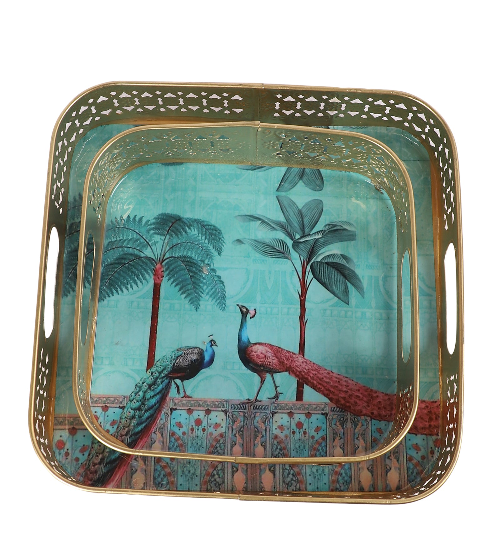 Square Shaped Peacocks Design Serving Trays Set (8 Inches & 10 Inches), Serving Plates for Home