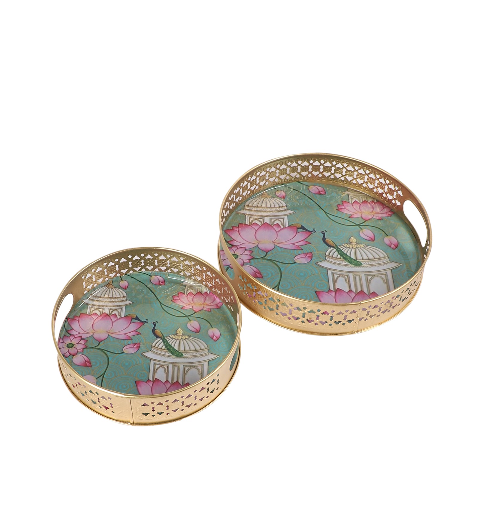 Rajasthani Lotus Flowers Design Serving Trays Set (8 Inches & 10 Inches)