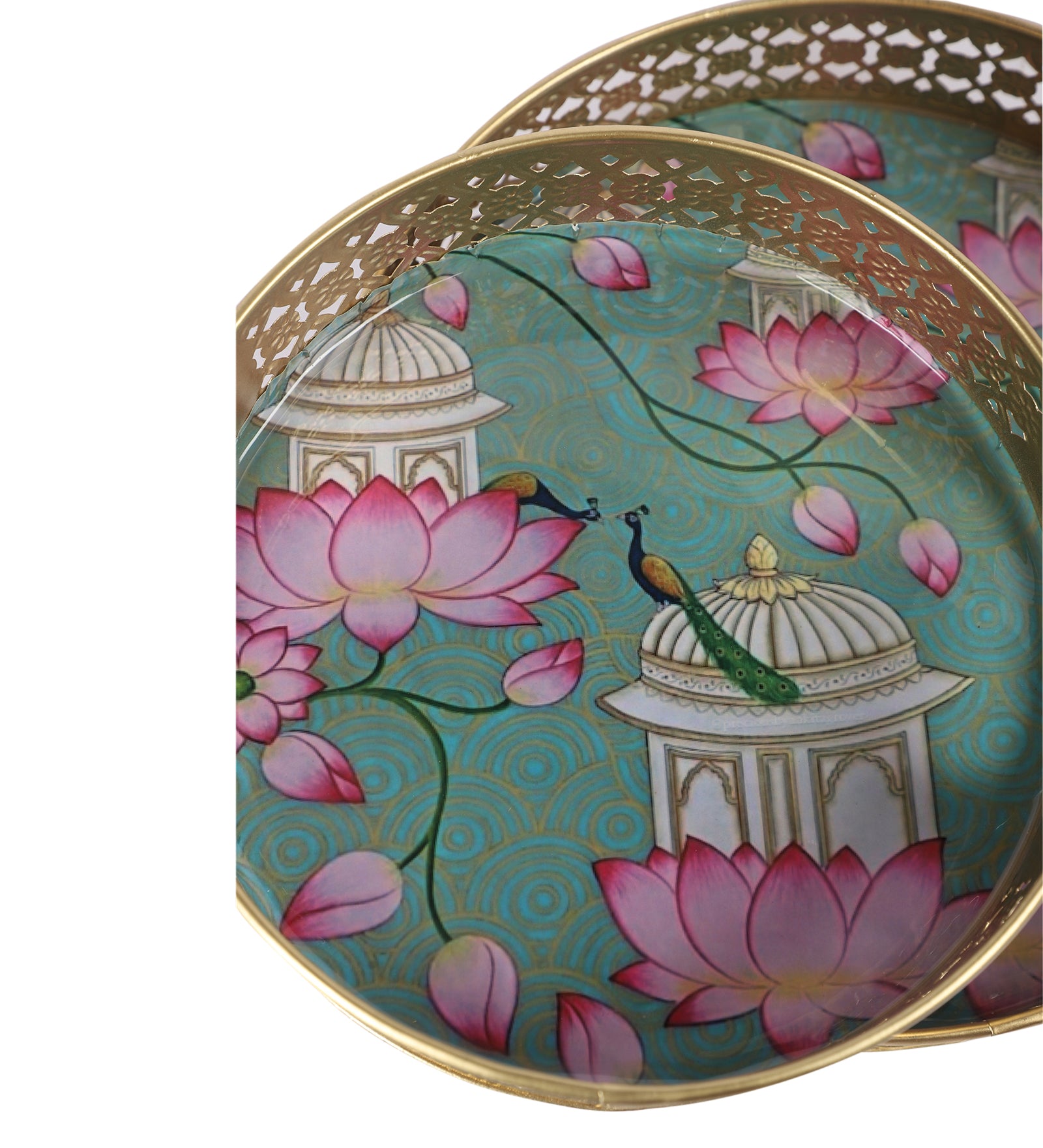 Rajasthani Lotus Flowers Design Serving Trays Set (8 Inches & 10 Inches)