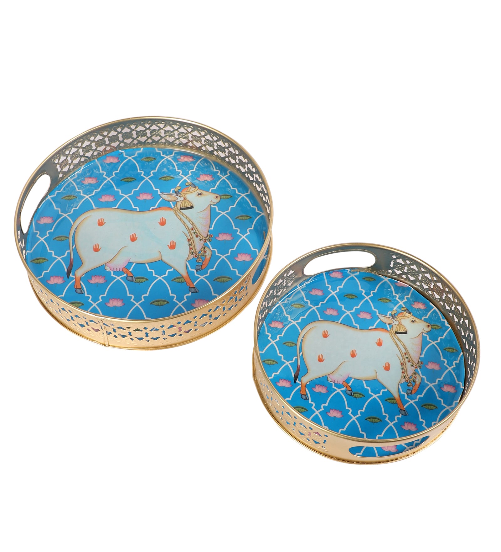 Kamdhenu Cow Design Serving Trays Set (8 Inches & 10 Inches), Serving Plates for Home