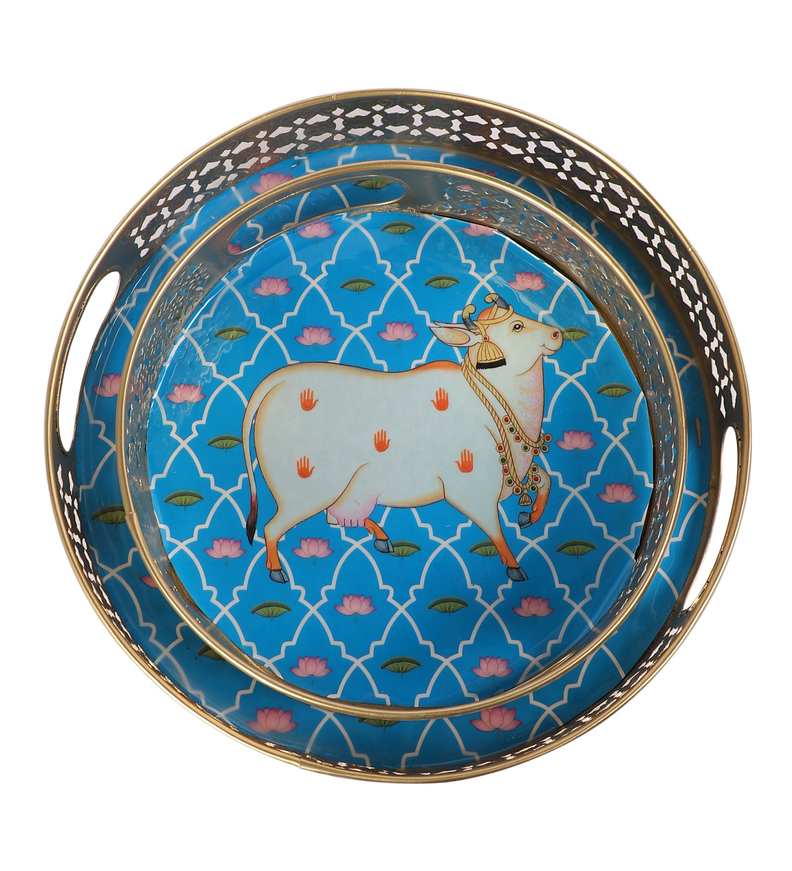 Kamdhenu Cow Design Serving Trays Set (8 Inches & 10 Inches), Serving Plates for Home