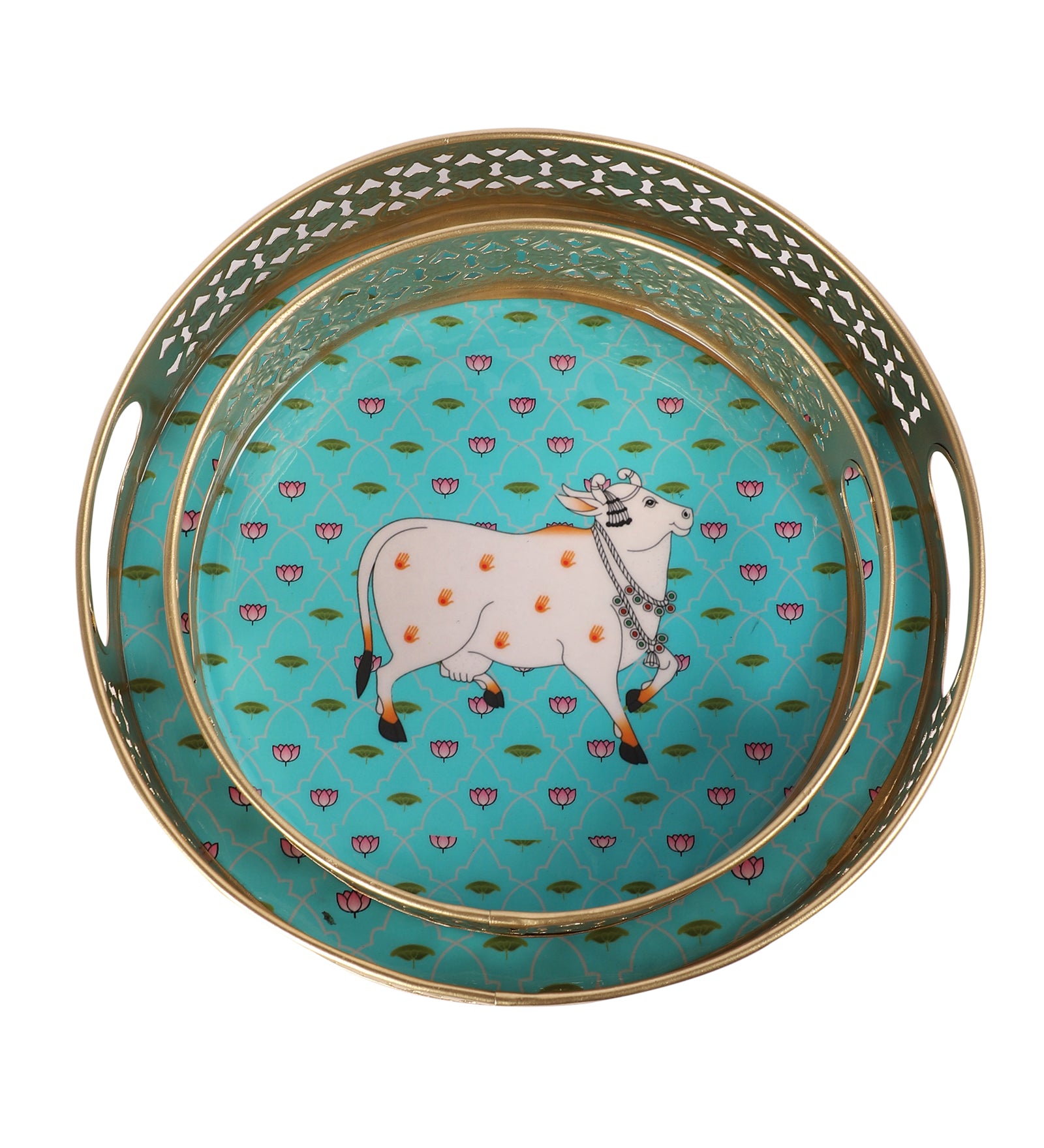 Kamdhenu Cow with Lotus Flowers Design Serving Trays Set (8 Inches & 10 Inches), Platters for Tea/Coffee/Fruits/Snacks