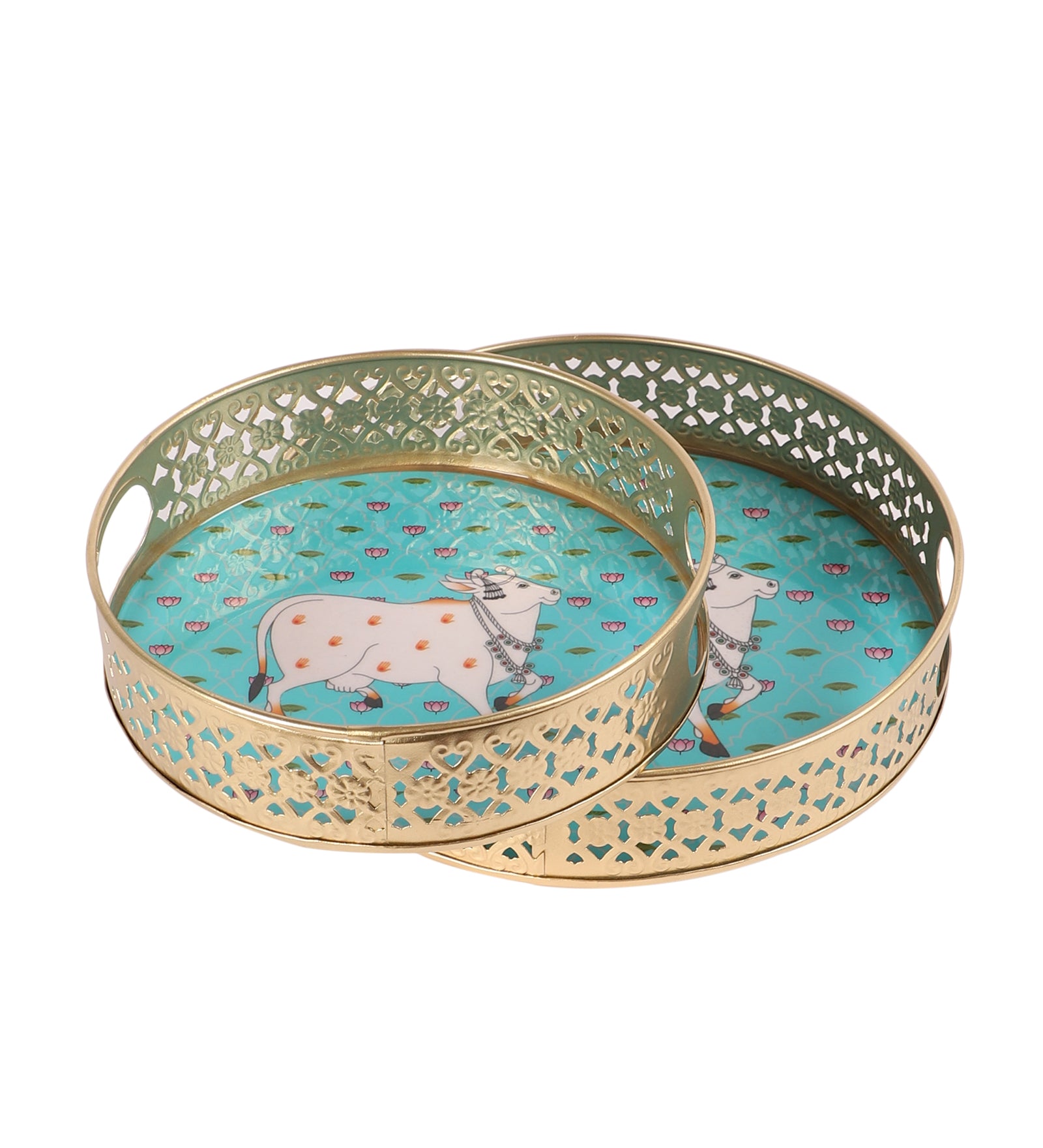 Kamdhenu Cow with Lotus Flowers Design Serving Trays Set (8 Inches & 10 Inches), Platters for Tea/Coffee/Fruits/Snacks