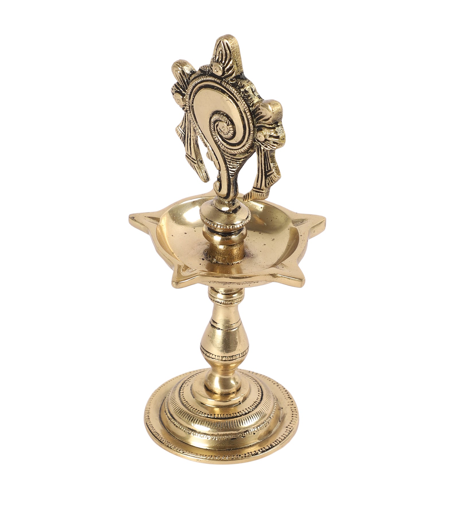 Shankh Design 5 Oil Wick Brass Diya, Pooja Deepak for Home Temple