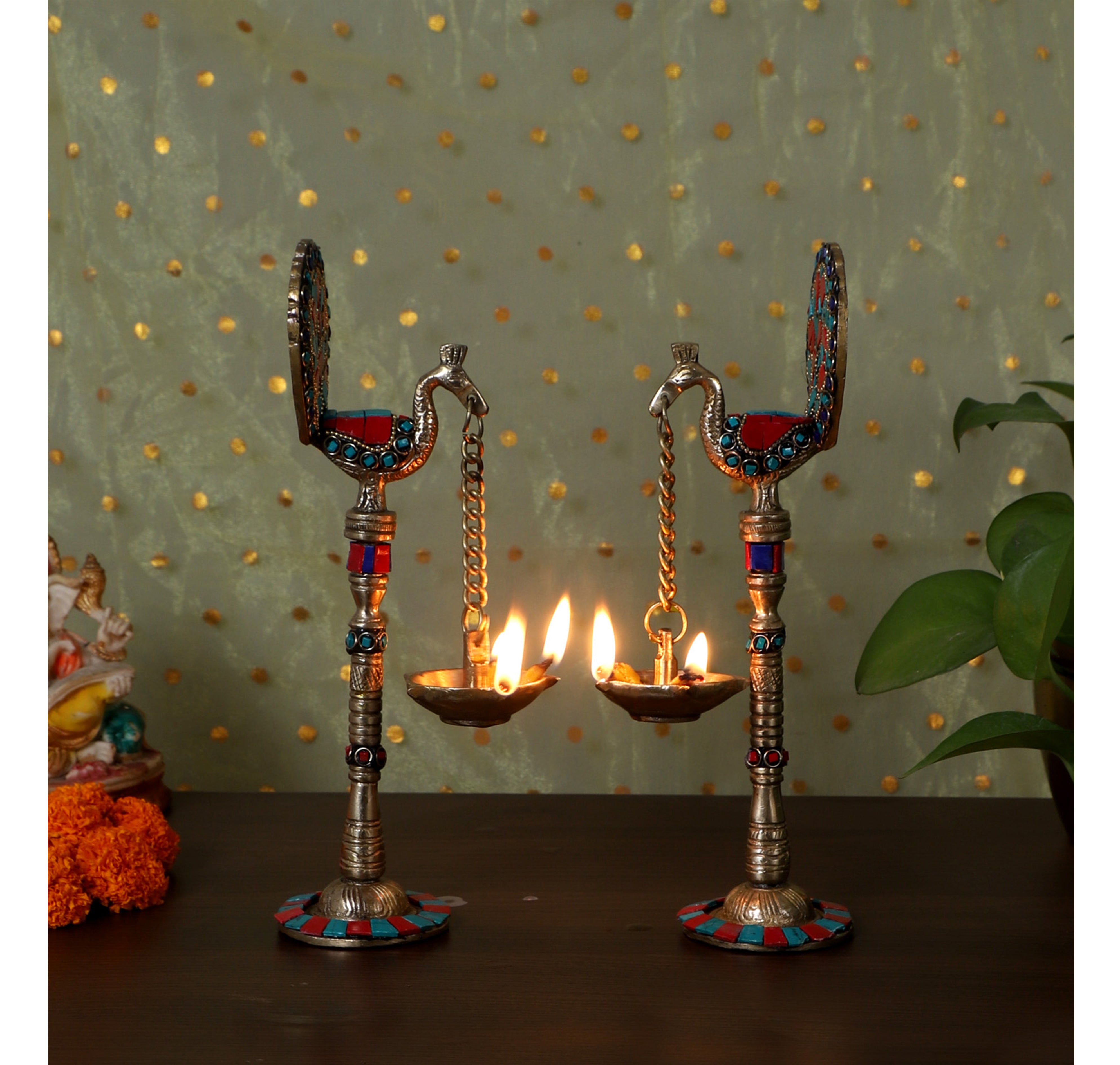 Gemstone Work Peacock Design 9 Inches Brass Hanging Diya Pair, Brass Diyas for Decoration