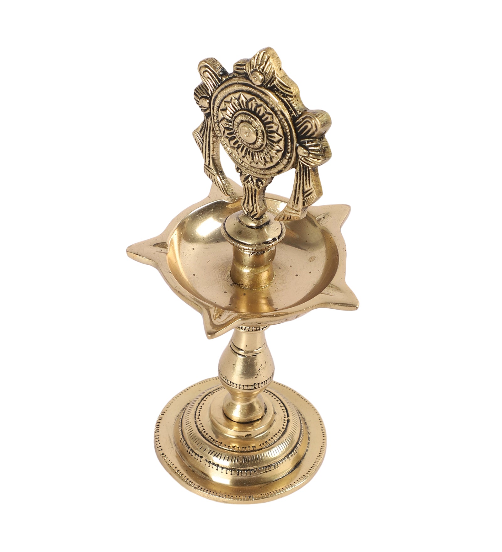 Chakra Design 5 Oil Wick Brass Diya, Pooja Deepak for Home Temple