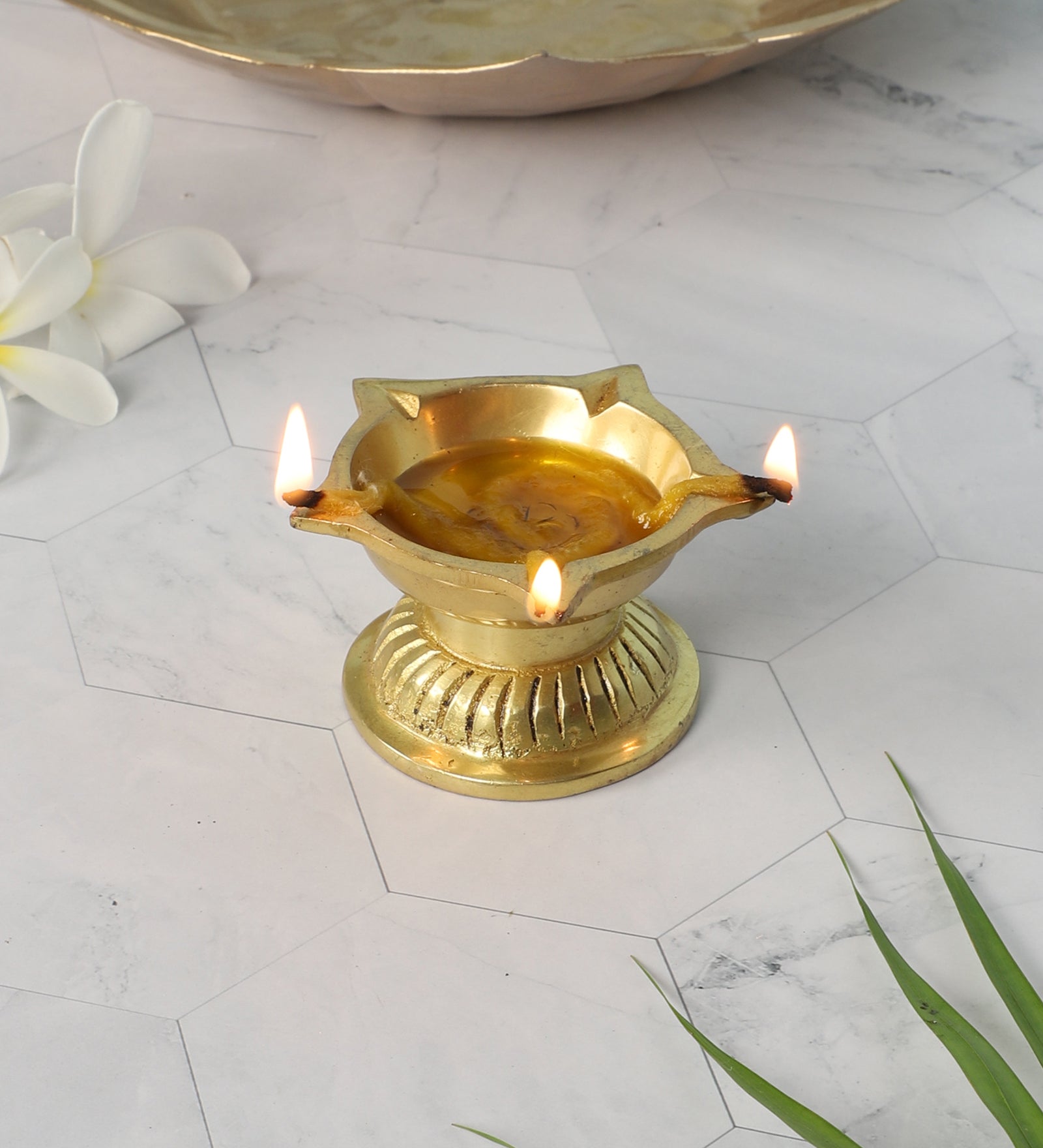 Ethnic Flower Carved 5 Oil Wicks Brass Diya, Brass Pooja Deepak