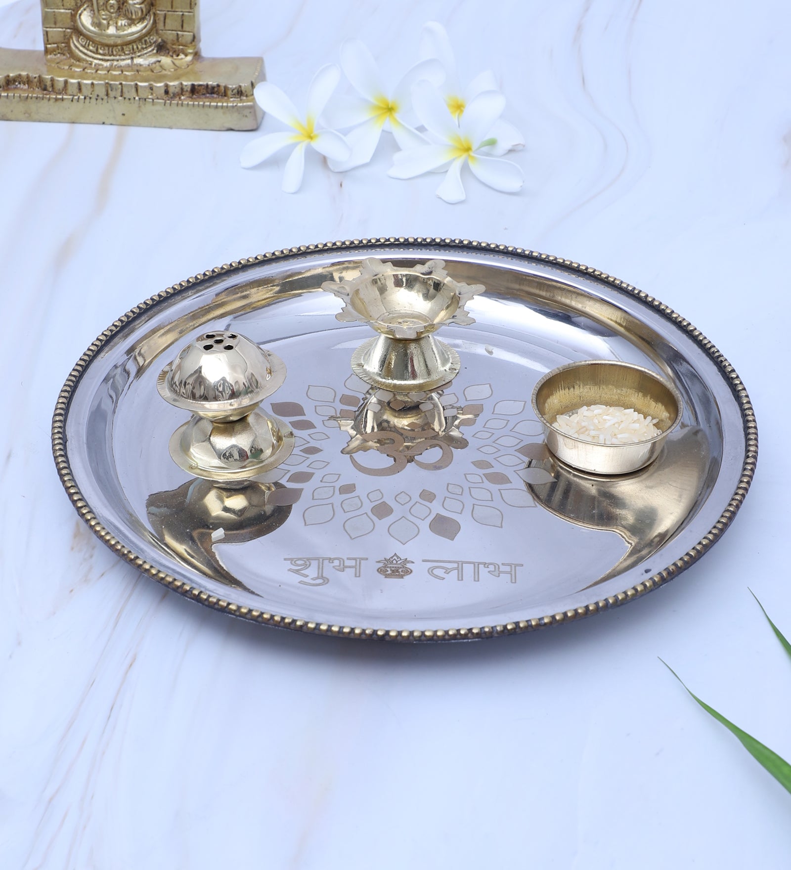 Om Shubh Labh Engraved 8.5 Inches Stainless Steel Puja Thali Set