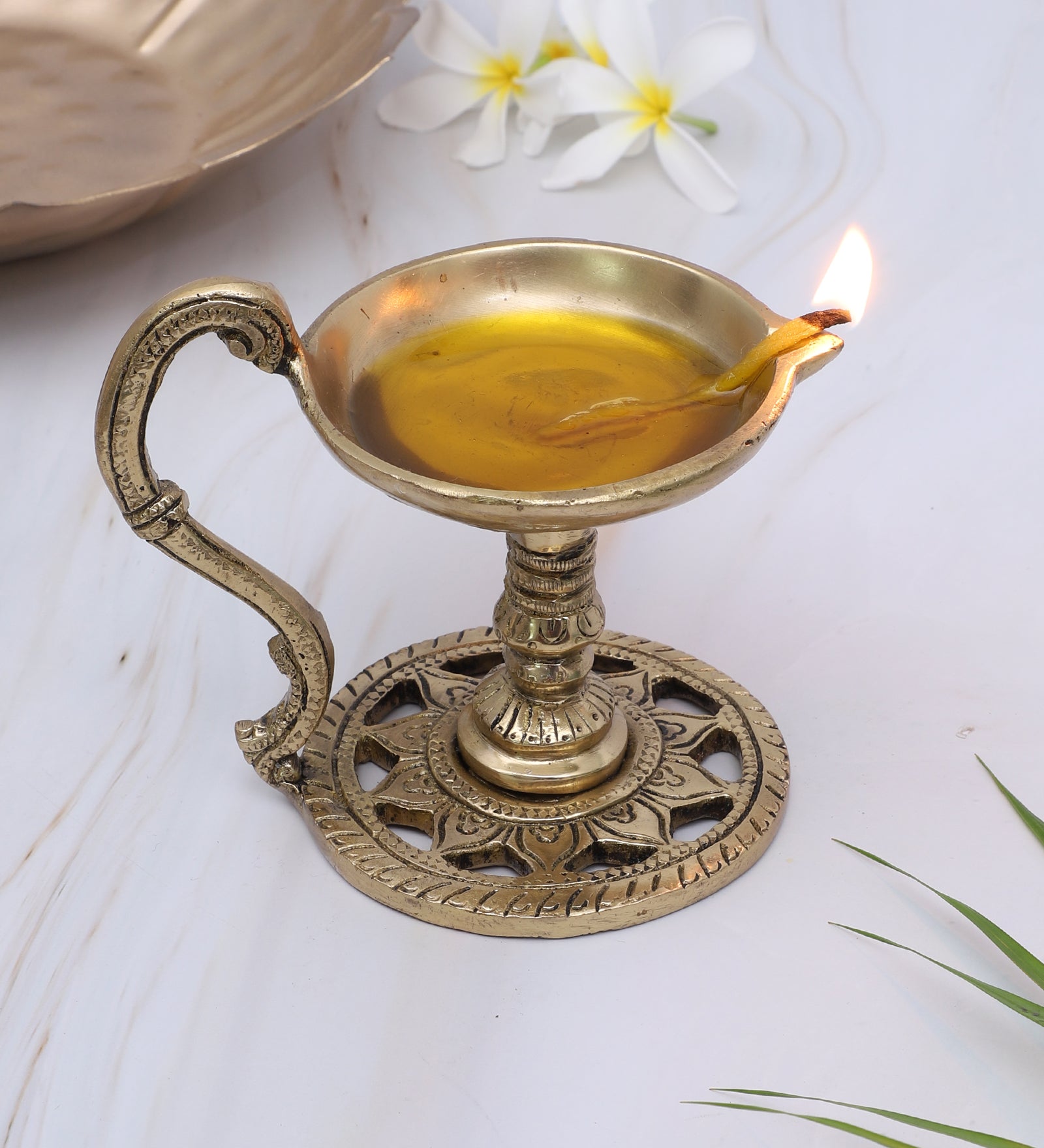 Brass Aarti Diya with Handle , Brass Pooja Deepak for Temple