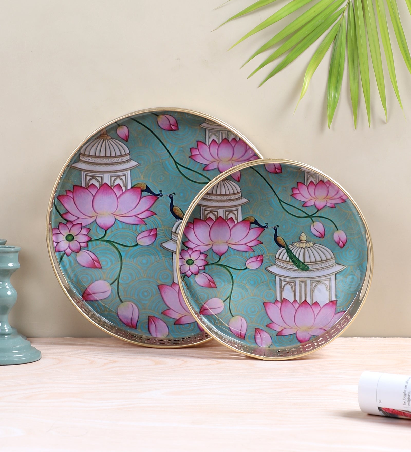 Rajasthani Lotus Flowers Design Serving Trays Set (8 Inches & 10 Inches)