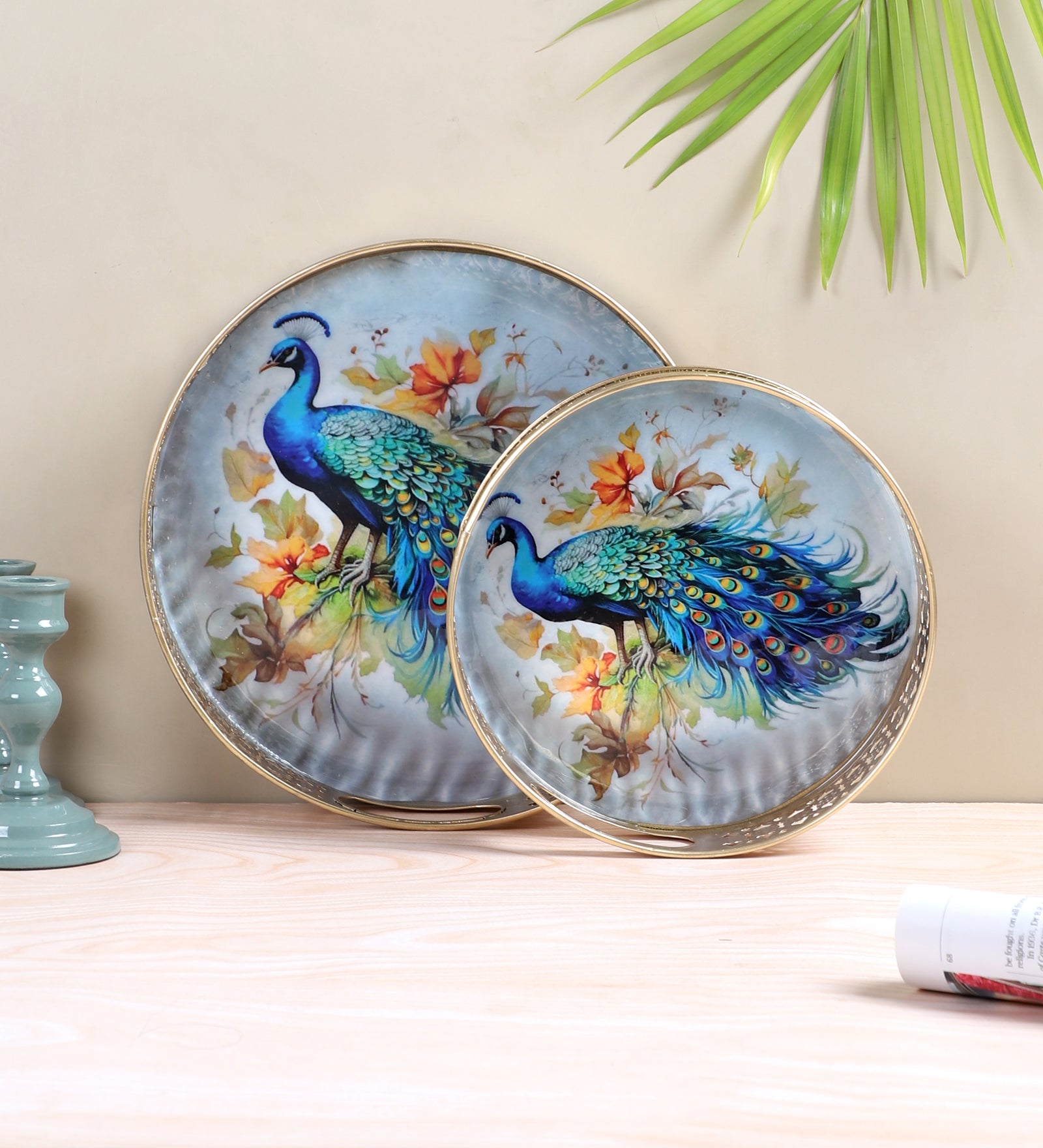 Peacock Design Serving Trays Set (8 Inches & 10 Inches), Serving Plates for Home