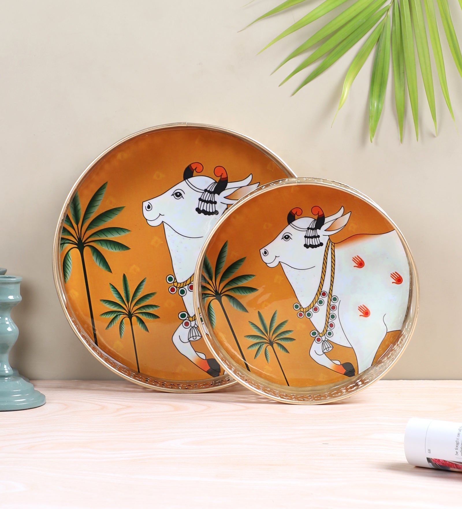 Village Cow Design Serving Trays Set (8 Inches & 10 Inches), Serving Plates for Home