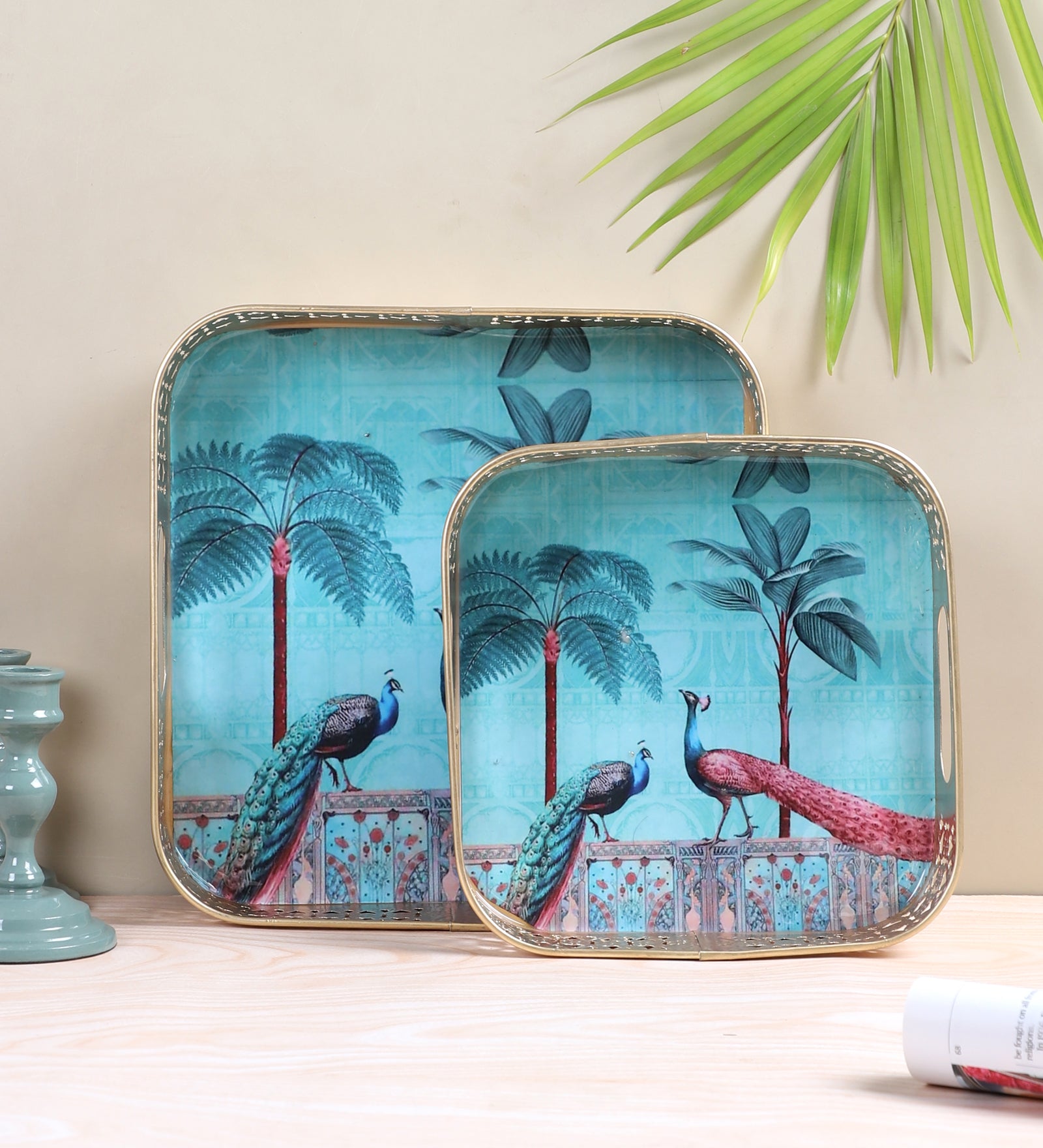 Square Shaped Peacocks Design Serving Trays Set (8 Inches & 10 Inches), Serving Plates for Home