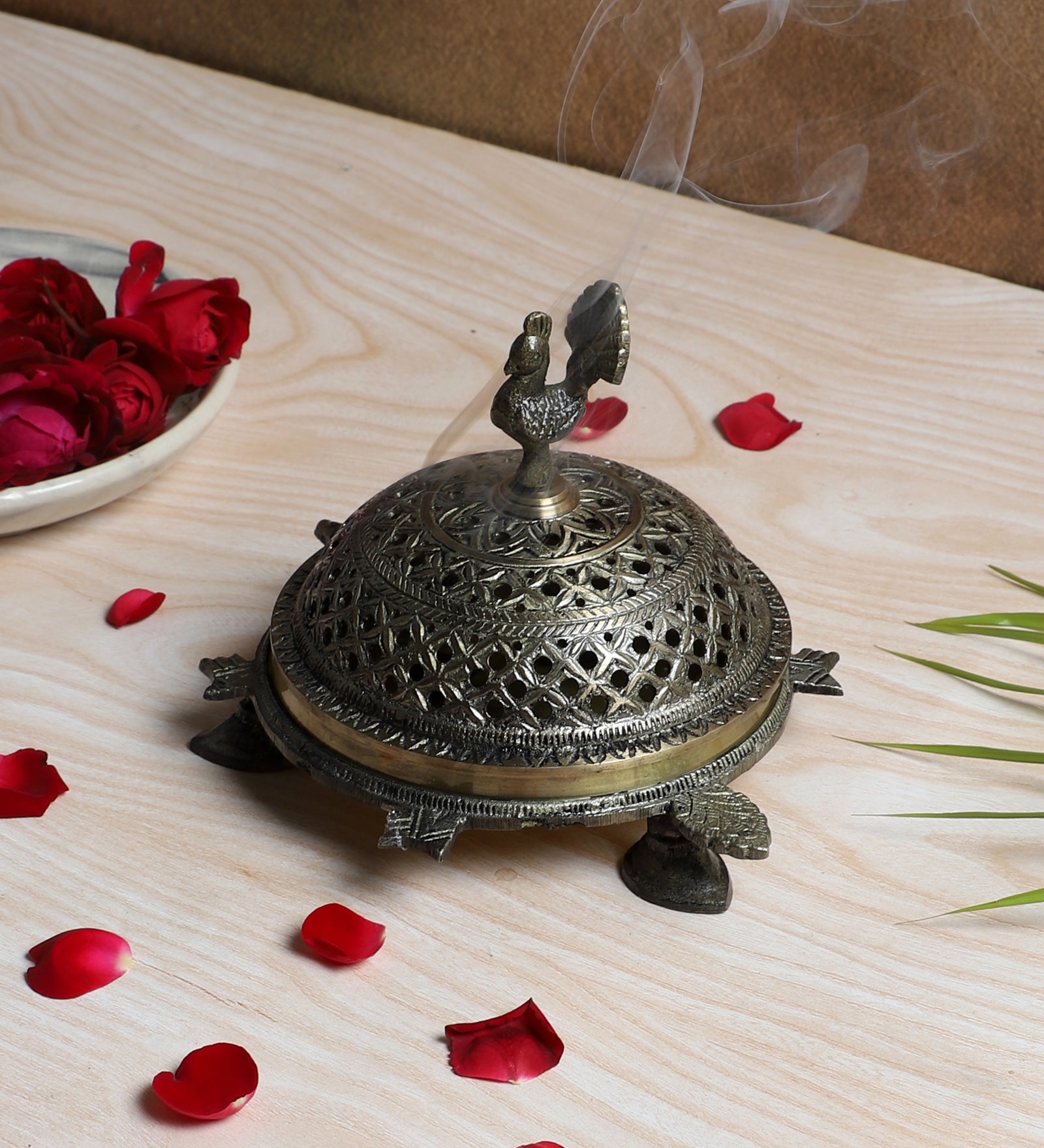 Brass Peacock Incense Burner on a 3-Legged Tortoise Stand