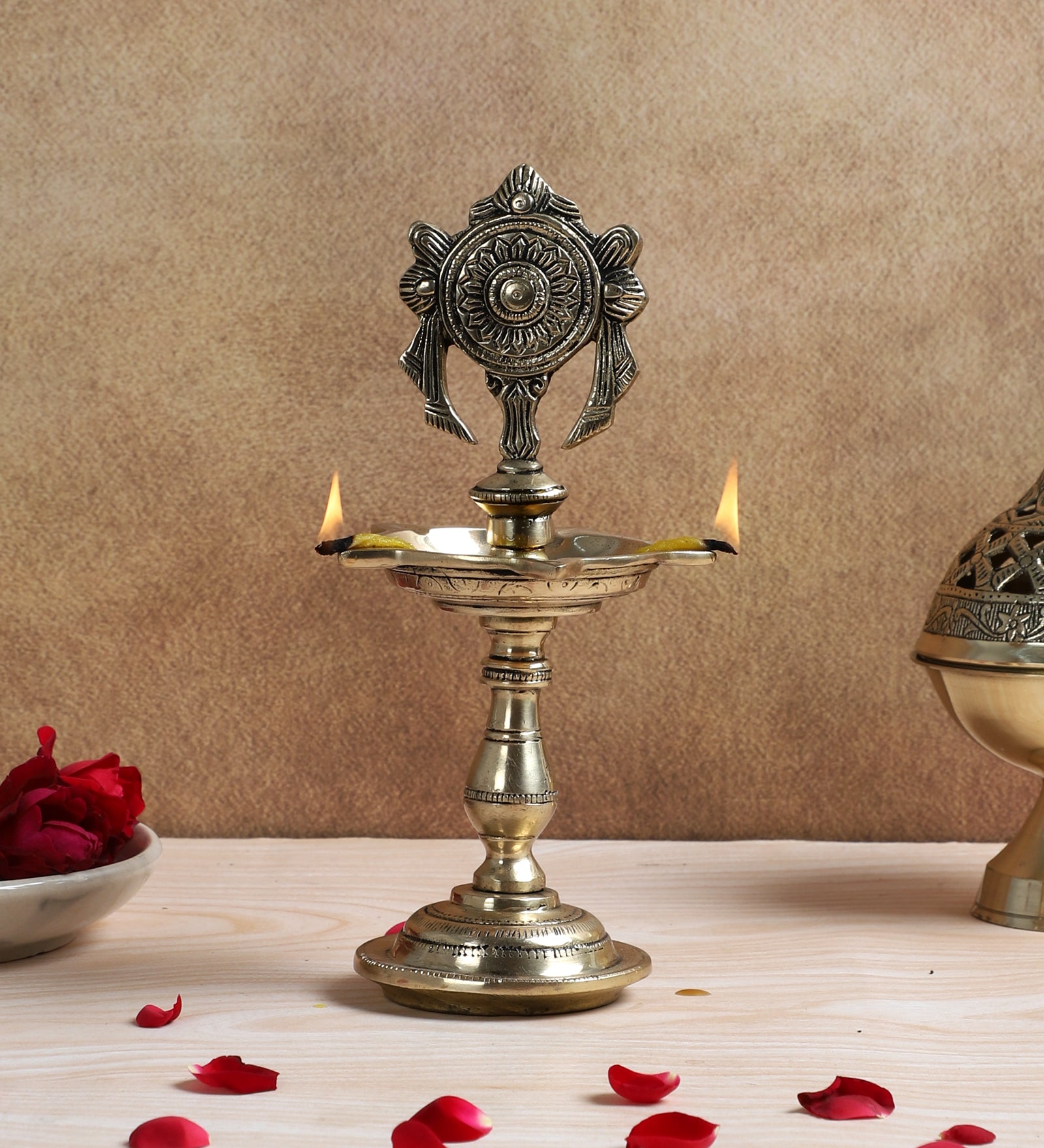 Chakra Design 5 Oil Wick Brass Diya, Pooja Deepak for Home Temple