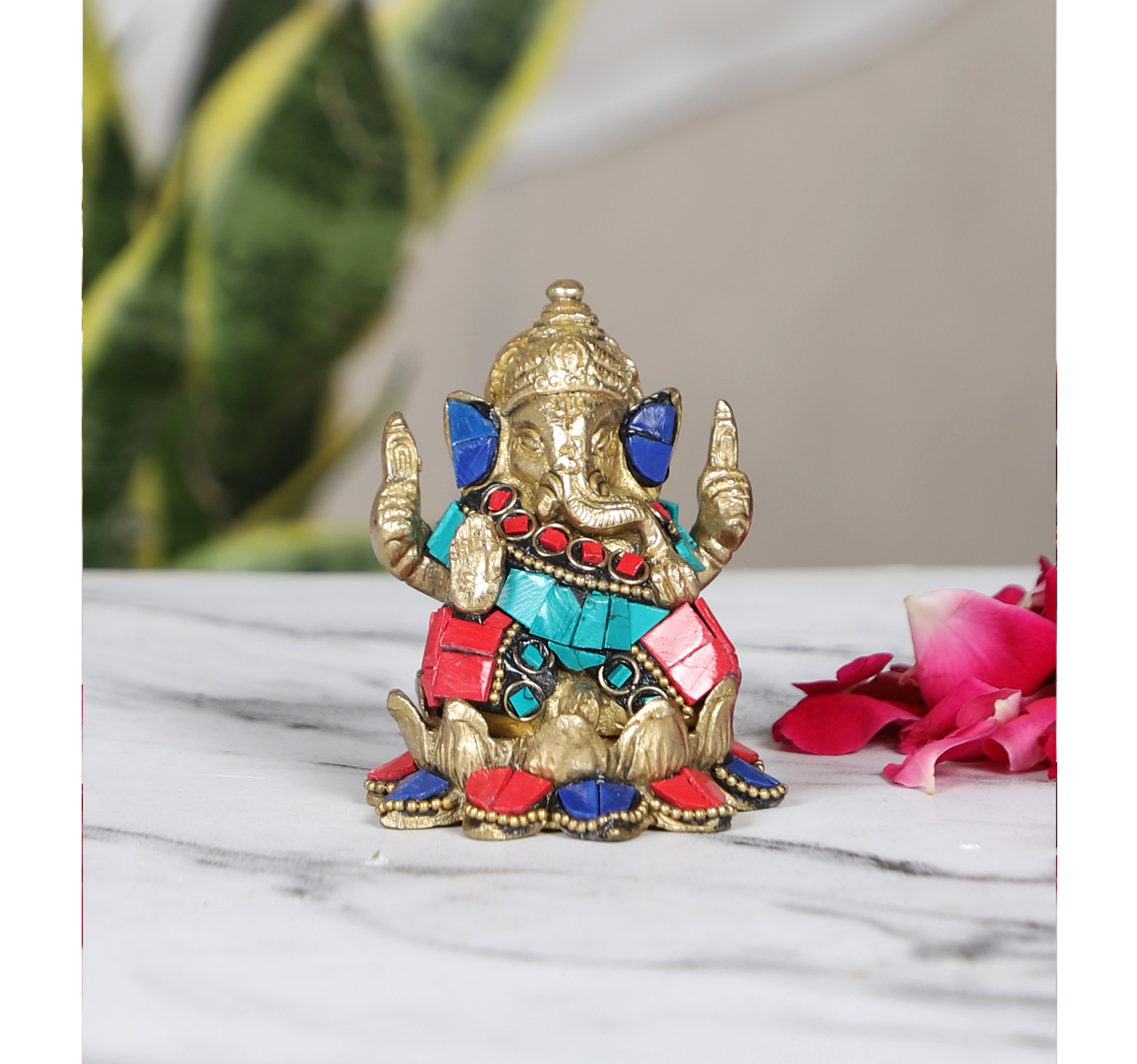 Gemstone Work Brass Ganesha on Lotus Showpiece, Ganesha Idol for Home/Temple