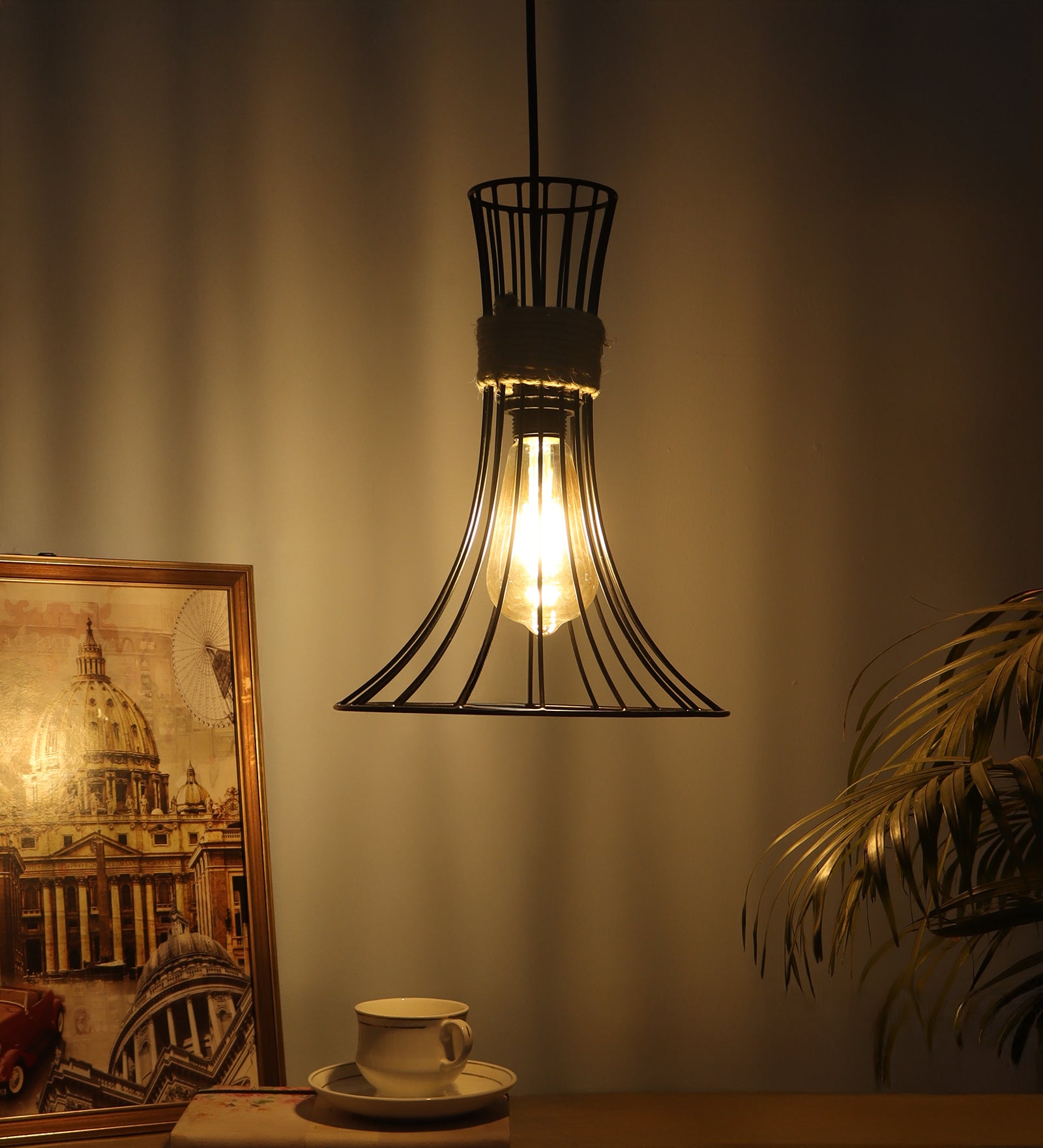 Elegant Cage Design Metal & Rustic Rope Pendant Hanging Light,Hanging Lights for Home & Office, (Without Bulb)