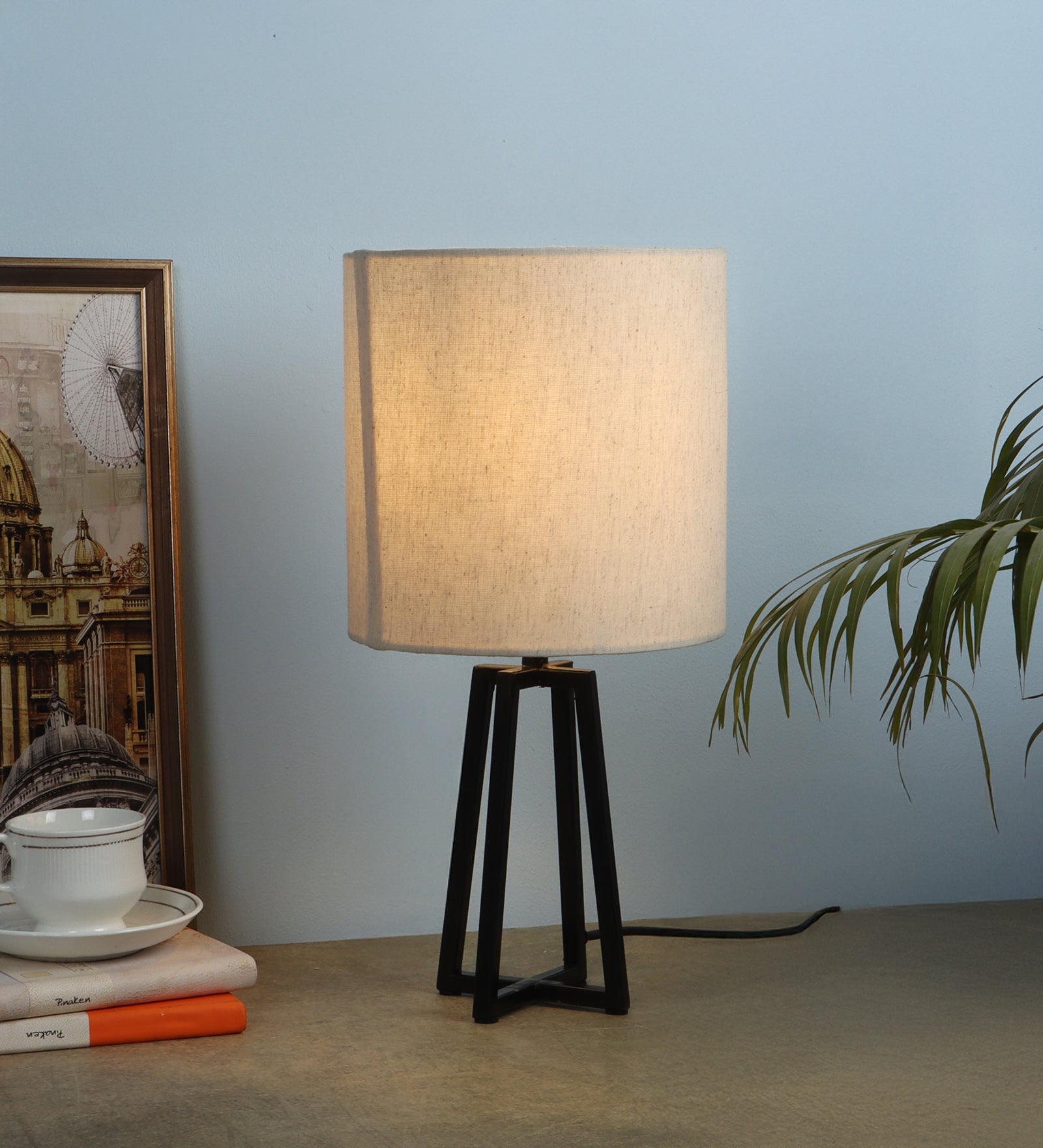 Modern Matte Black Table Lamp with Classic Drum Shade, Quadripod Metal Base Lamps for Home