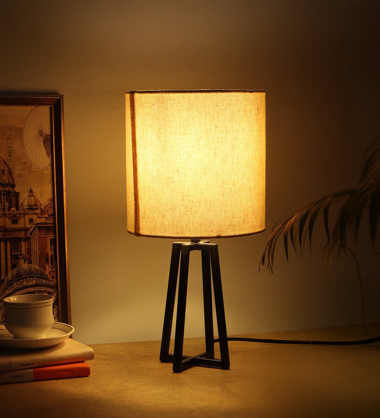 Modern Matte Black Table Lamp with Classic Drum Shade, Quadripod Metal Base Lamps for Home