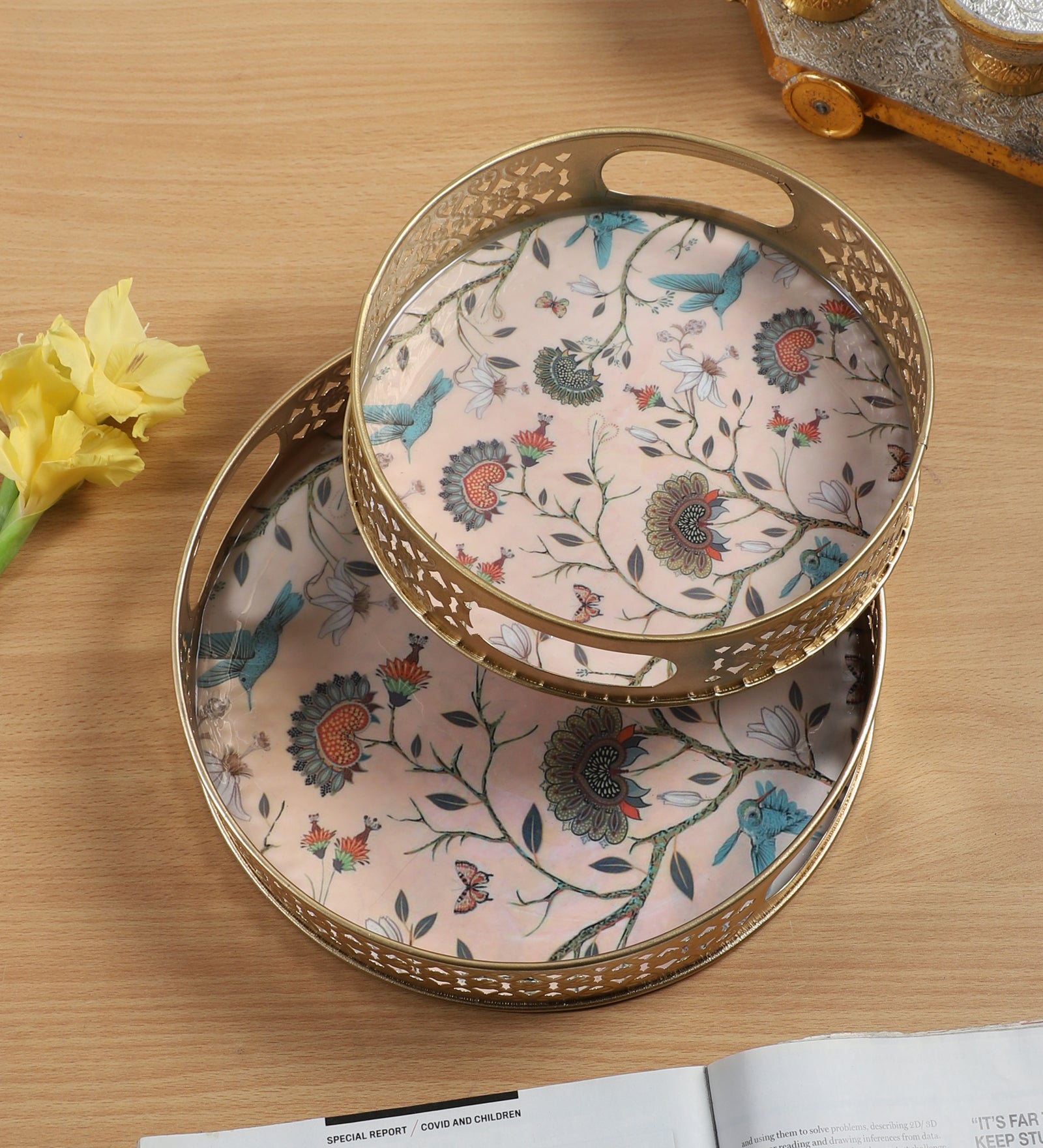 Sparrows and Tree Design Serving Trays Set (8 Inches & 10 Inches)