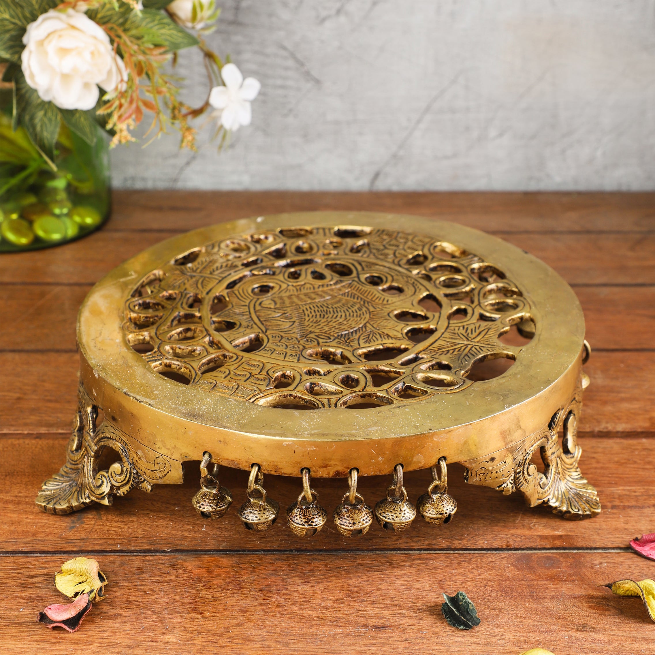 Brass Ethnic Pillar Design Handcrafted 10 Inches Round Pooja Chowki