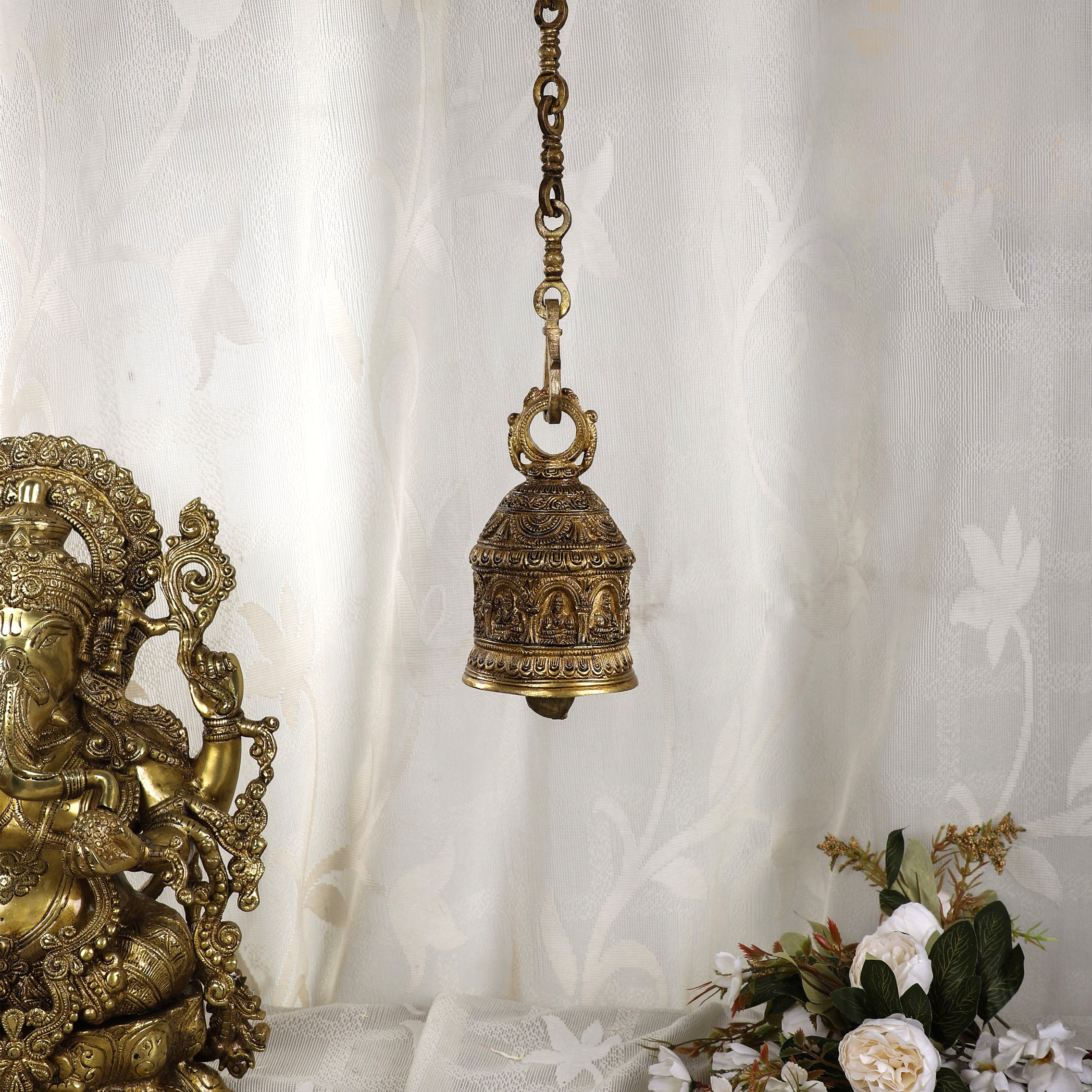 Brass Ethnic Handcrafted Engraved Ganesha on Hanging Bell (Golden)