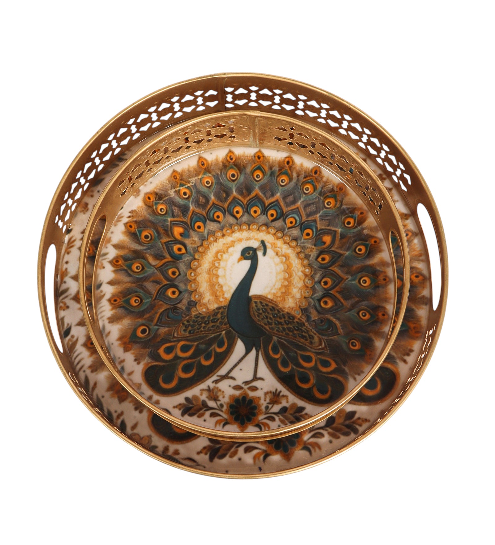 Dancing Peacock Design Serving Trays Set (8 Inches & 10 Inches), Serving Plates for Home, Platters for Tea/Coffee/Snacks, Decorative Pichwai Tray